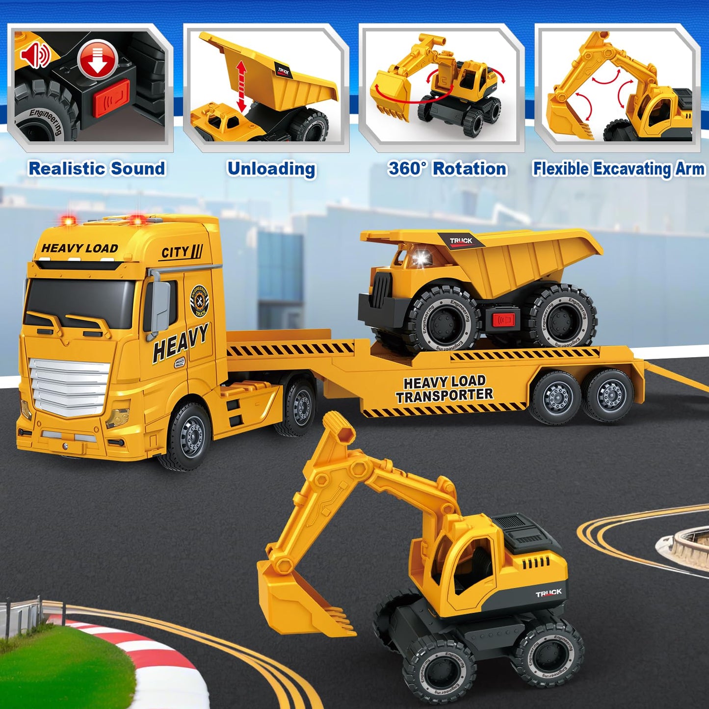 Bstoyder Toddler Boy Toys for 3 4 5 6 7 Years Kids, 25" Semi Construction Carrier Truck Toy with Excavator and Dump Truck, Friction Powered Toys with Lights and Sounds, Birthday for Boy Girls