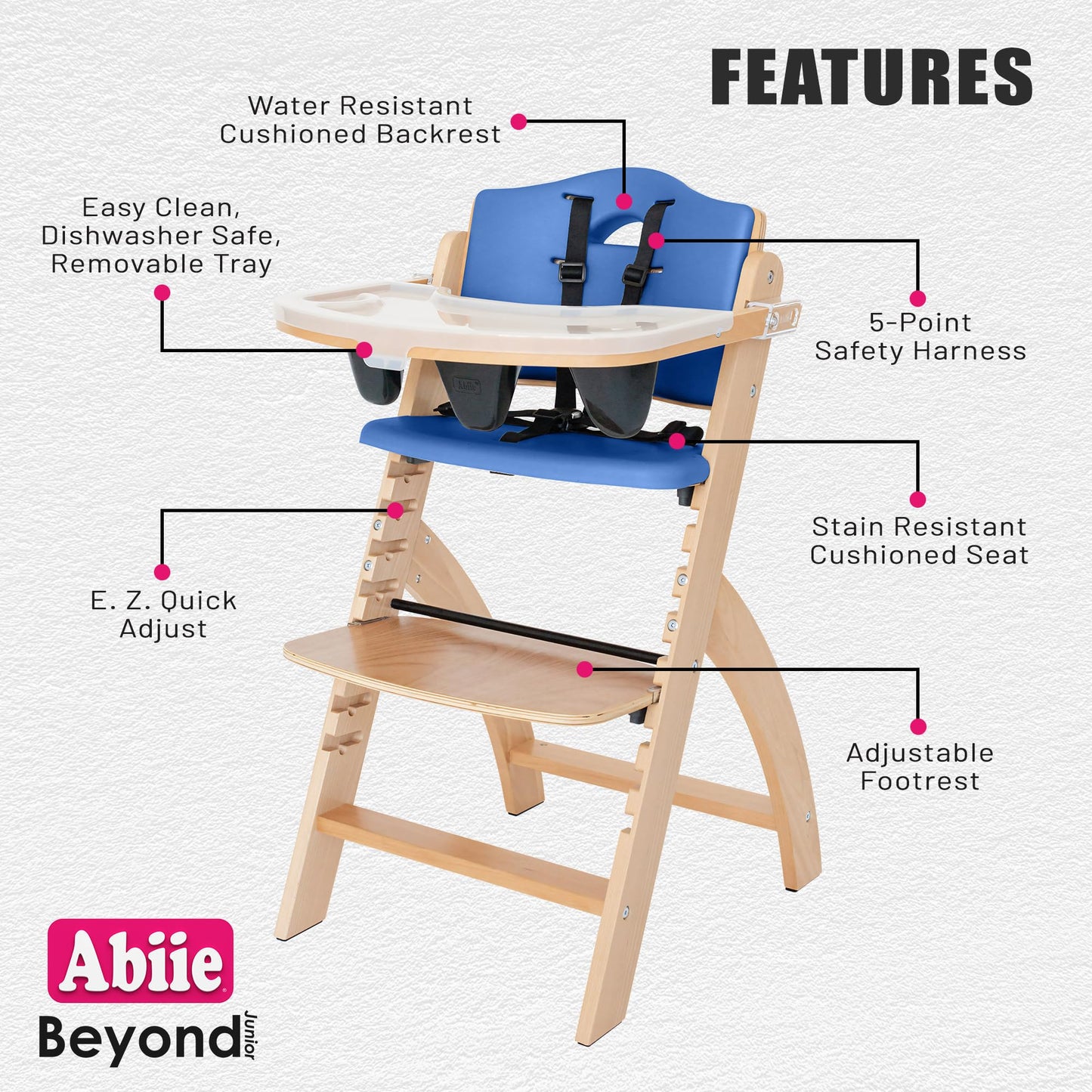 Abiie Beyond Junior Wooden High Chair for Babies and Toddlers - Convertible 3-in-1 Baby Highchair with Removable Tray - 6 Months to 250 Lb - Water Resistant - Natural Wood/Blueberry Cushion