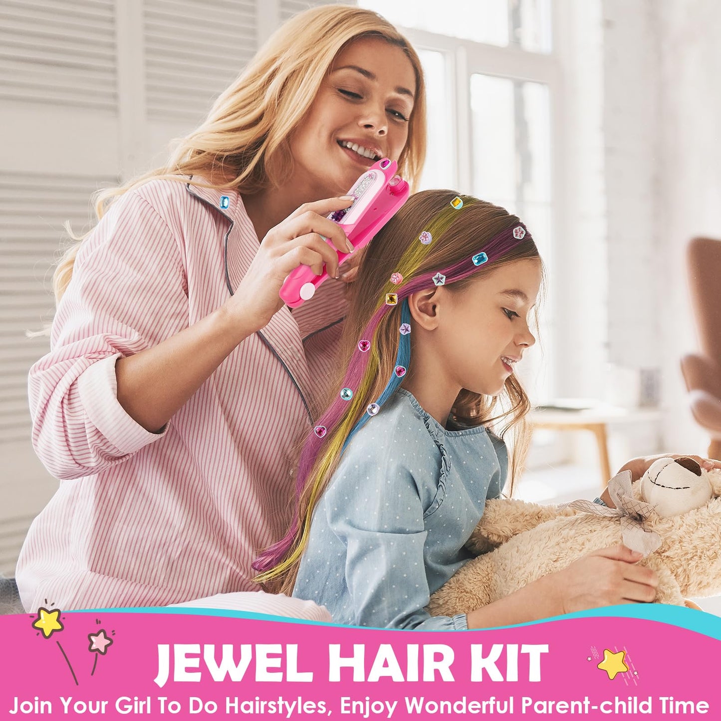 Hair Gem Stamper Kit with Temporary Hair Chalk, Gem Stapler for Hair, Hair Jewel Stamper for Girls Toy, Washable Hair Chalk Bedazzler Kit for Girl, Reusable Hair Styling Tool for Ages 6-12 Girls