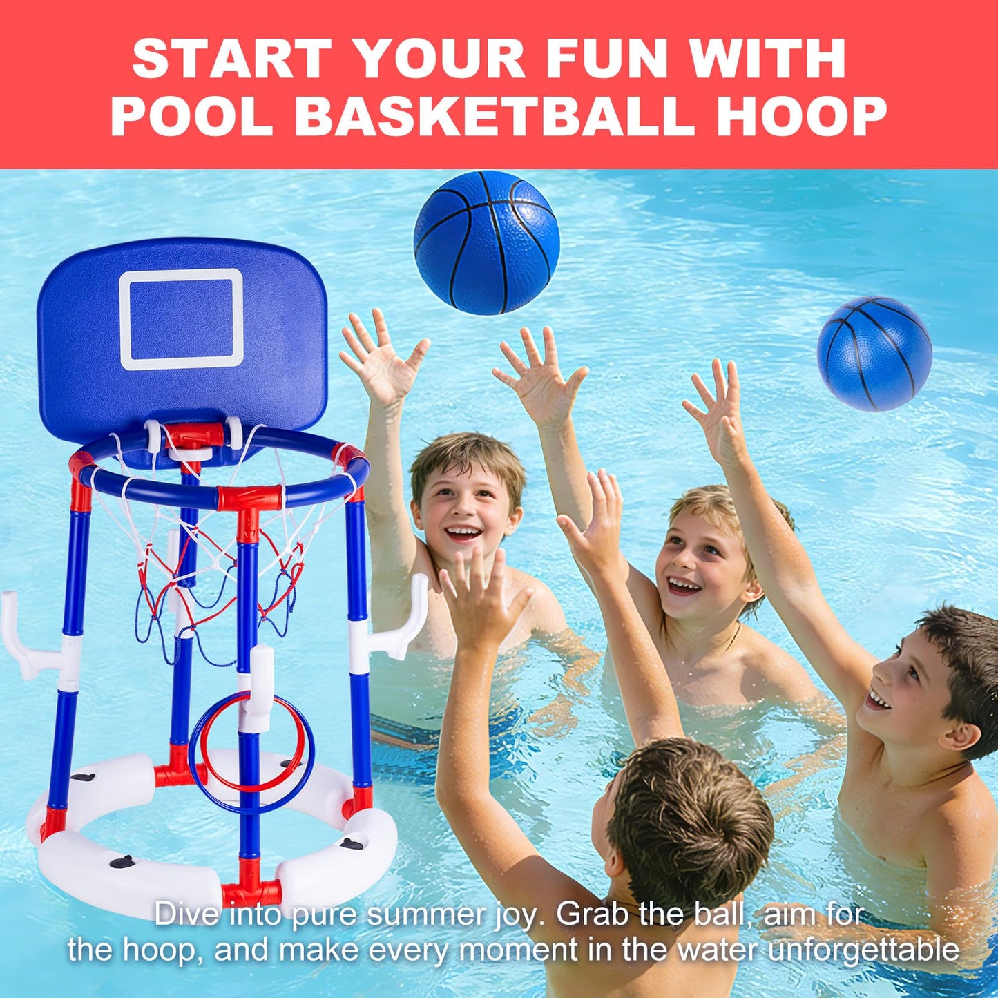 EXCECAR 2-in-1 Floating Pool Basketball Hoop Set,Blue Swimming Pool Basketball Hoop with Backboard,4 Balls,6 Rings & Pump,Water Basketball Hoop for Pool Party Fun & Outdoor Indoor Pool Toys