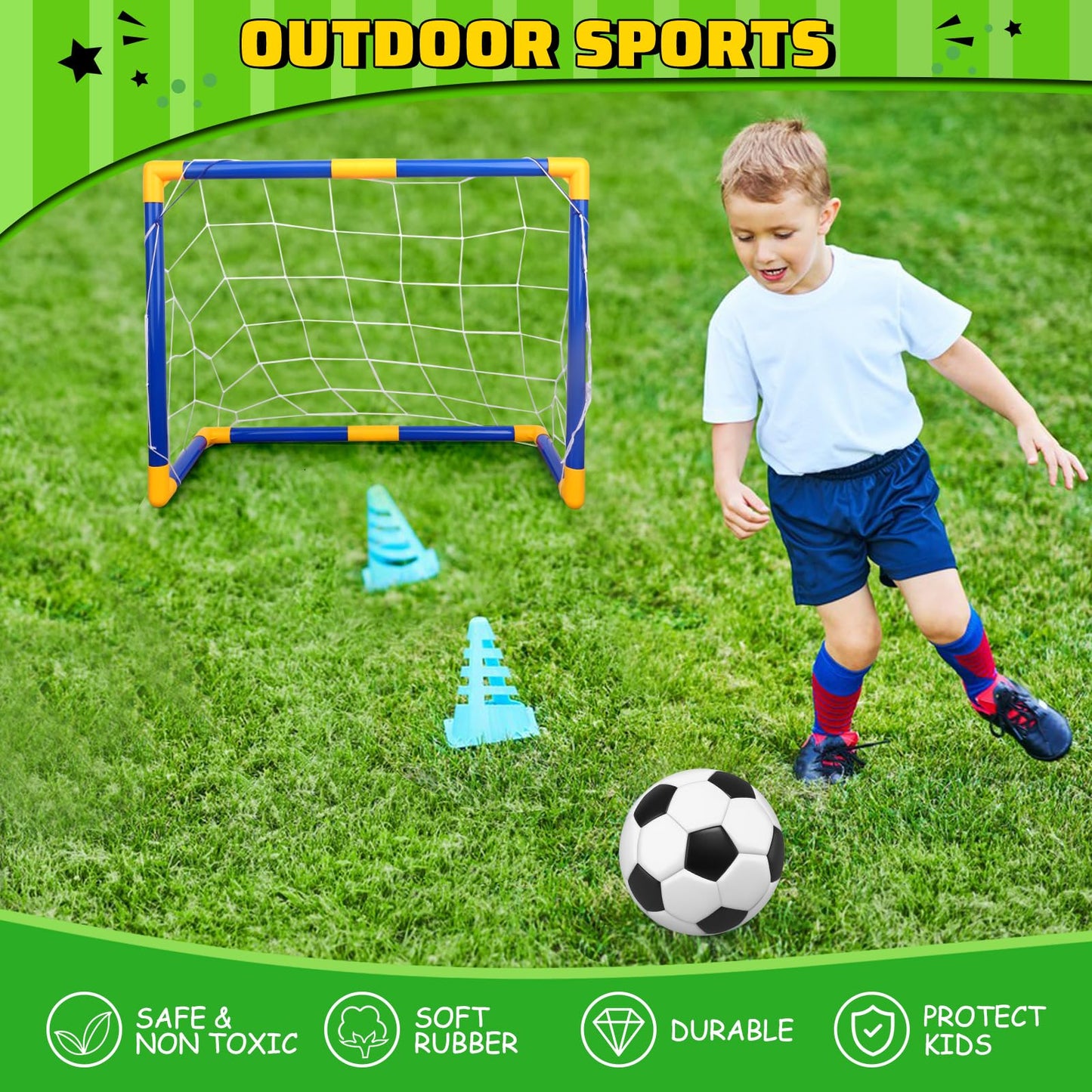 Mini Soccer Goal Set with 3 Ball Pump for Toddler Kid, Small Portable Goals Training Equipment for Garden Indoor Outdoor Backyard, Birthday Gift for Boy Girl Sports Toy Family Game 23" W×18" H×12" D
