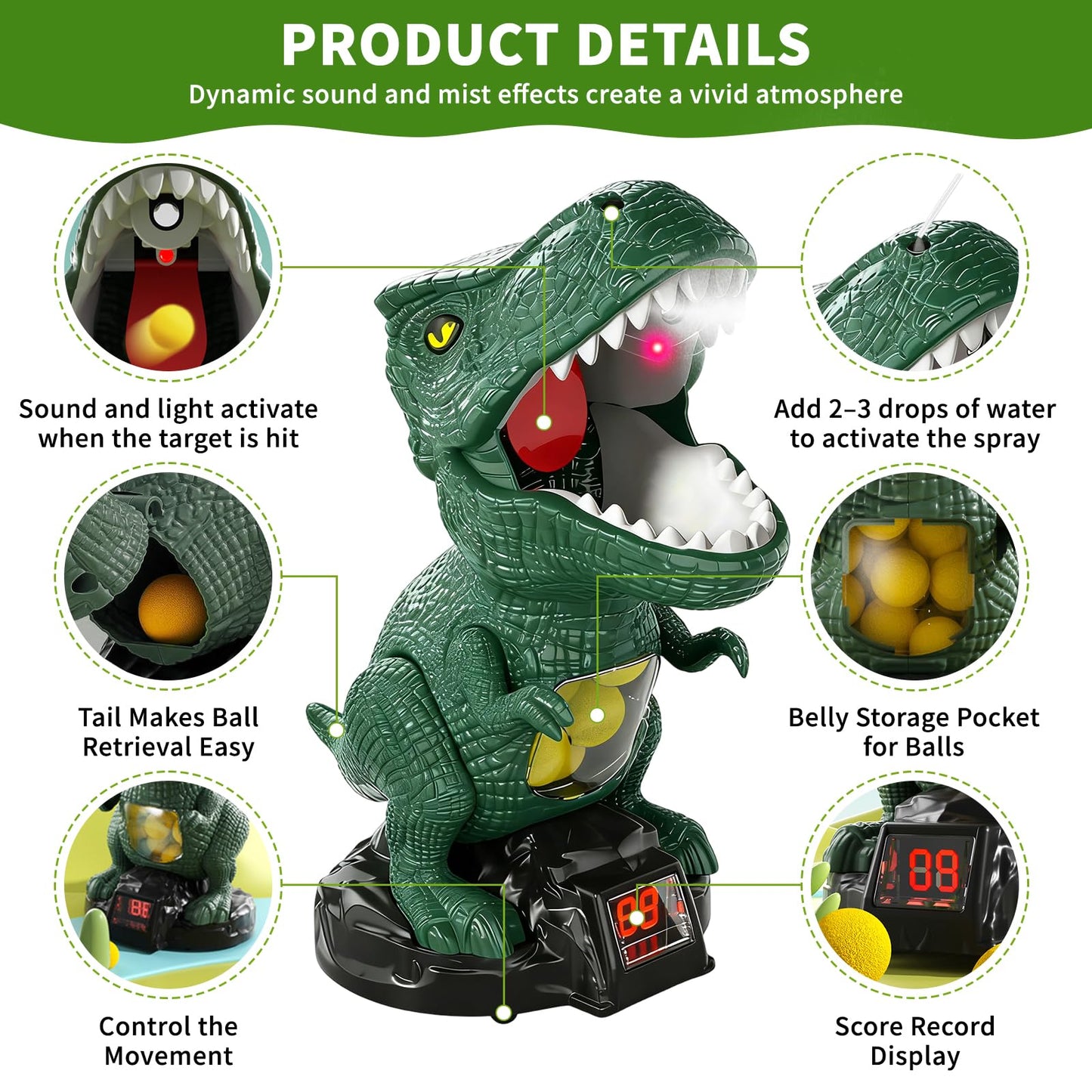 Movable Dinosaur Shooting Toys for Kids - Electronic Target Shooting Games with 2 Pump Blaster/24 Balls/Water Mist Spray/Score Record/LED & Sound Toy Foam Blasters Gift for Children Age 3 4 5 6 7 8