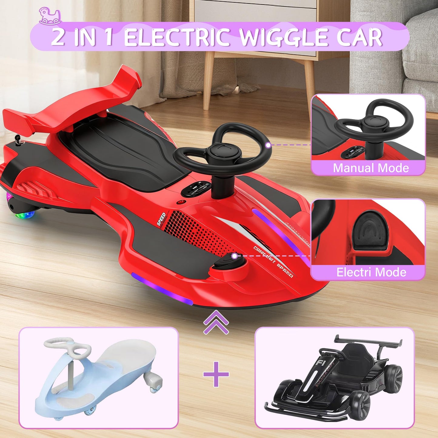 12V Electric Wiggle Car with Pedal for Kids, Rechargeable 2 in 1 Swing Toy, Devil Drifting Car with Backrests, Anti-Rollover, Spray, Light, Bluetooth, Maximum Speed up to 4 mph, for Ages 3 and Up