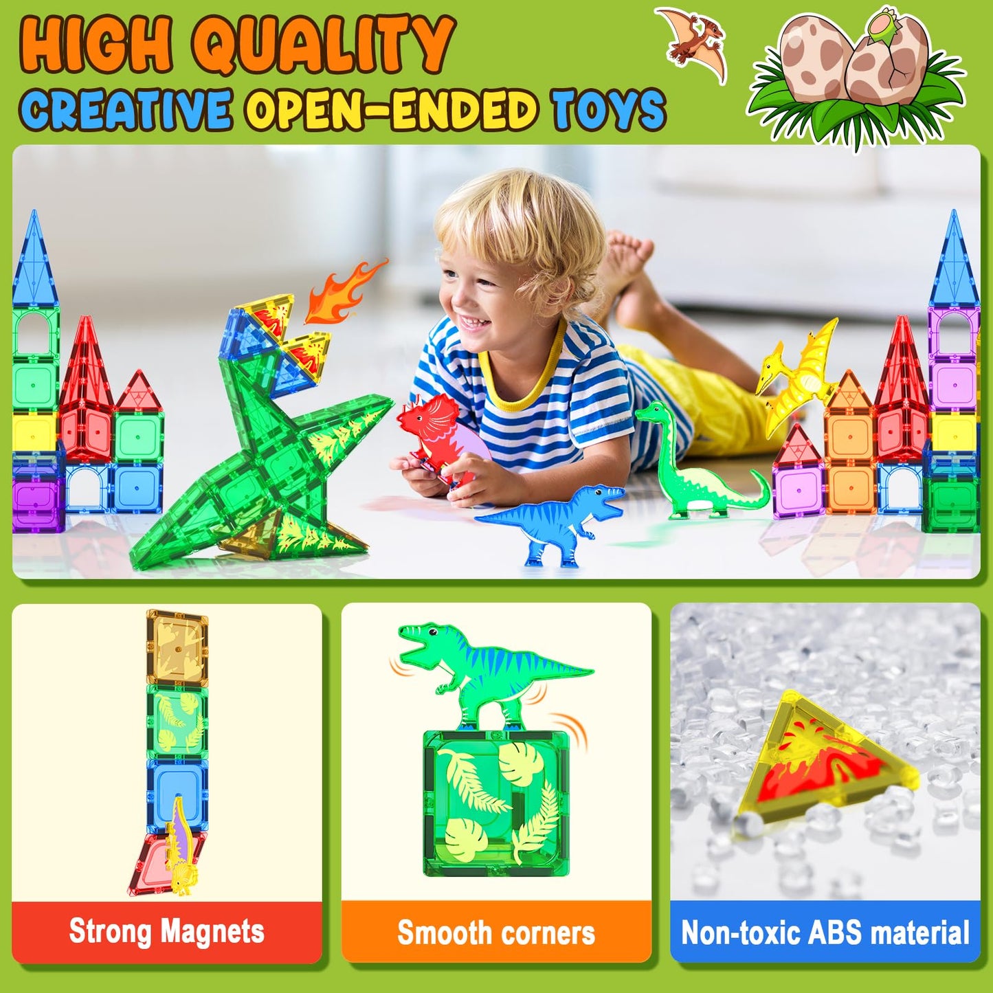 Coodoo Dinosaur Toys Magnetic Tiles - Magnet Building Blocks for Toddler Kids Toys STEM Sensory Outdoor Toy for 3+ Year Old Boys and Girls, Dinosaur World Creative Games Kids