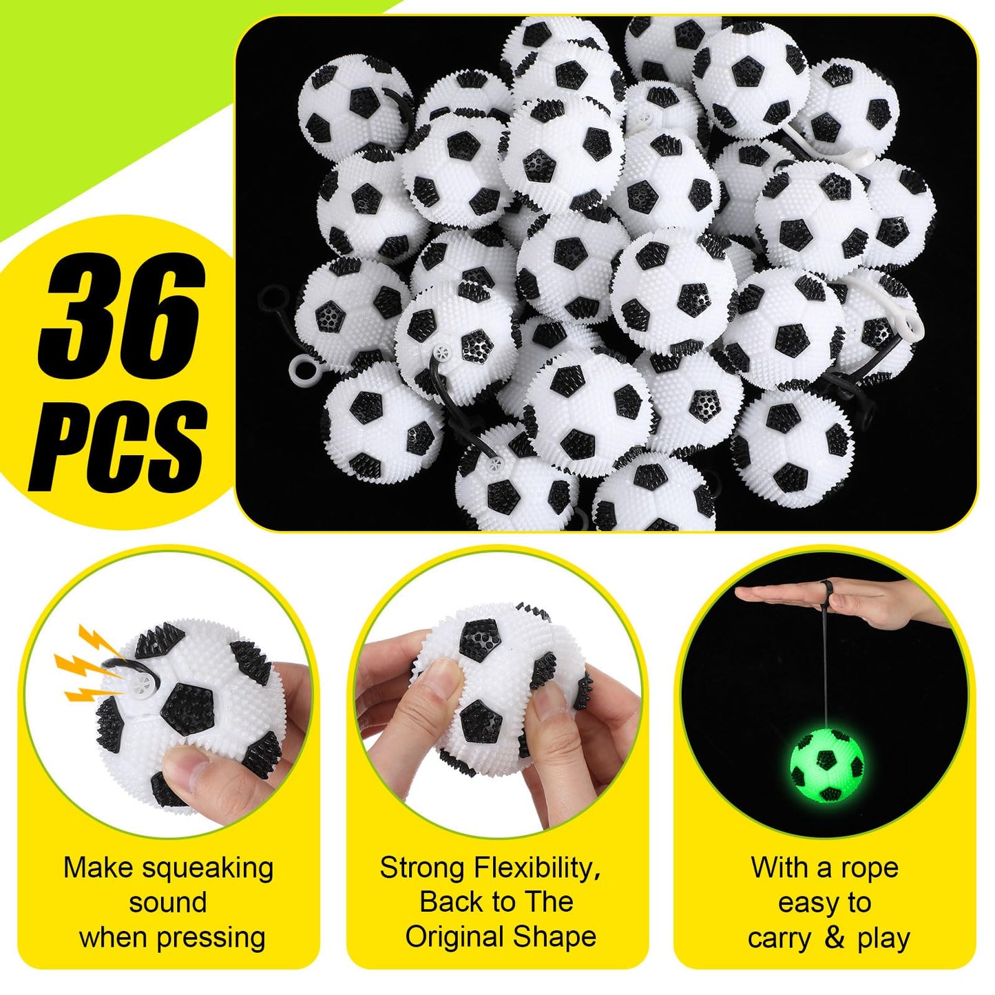 Sotiff 36 Pcs Light up Stress Soccer Ball Bulk Bouncy LED Flashing Squeaky Sensory Ball with Rope Rubber for Carnival Gifts Glowing Birthday Party Favors Valentine Gift Exchange Goodie Bag Grad Gift