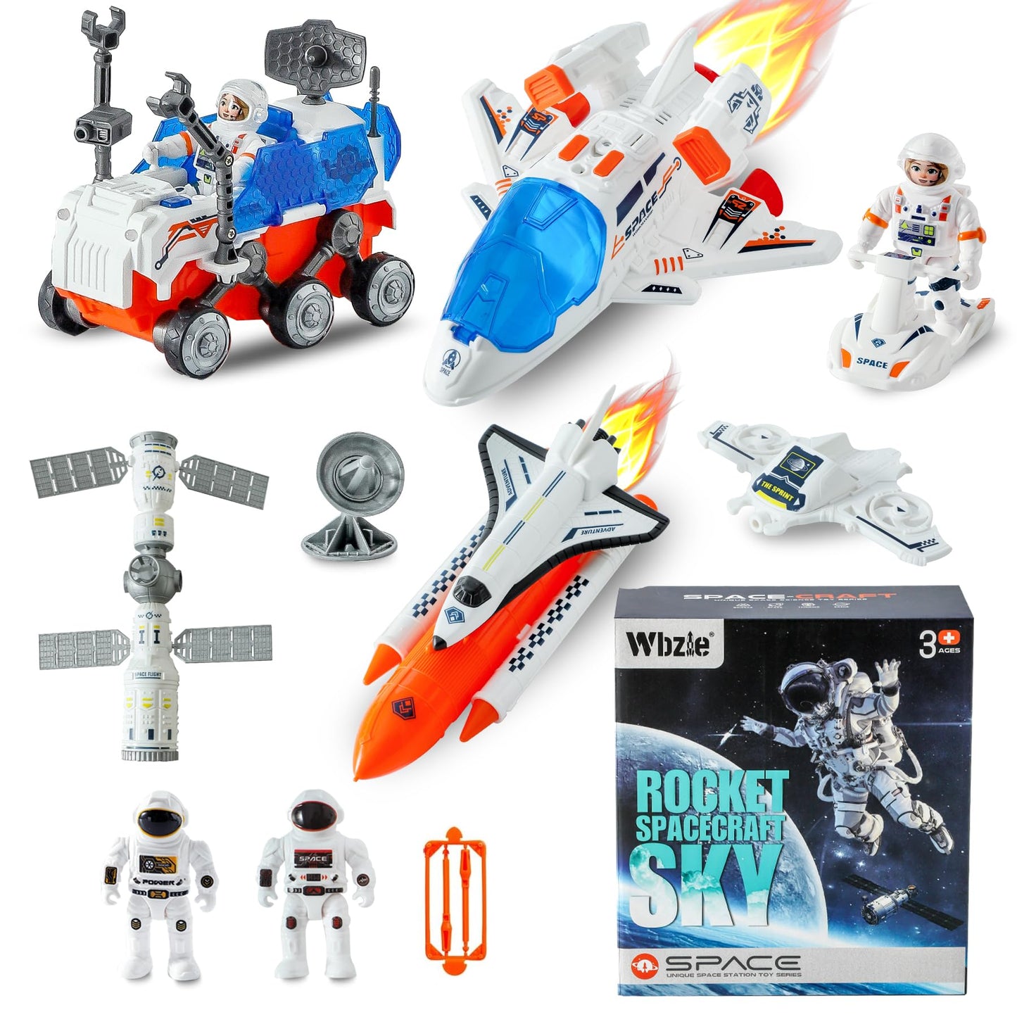 Wbzle Spaceship Toys with Airplane, UFO & Alien Toy for Boys, Space Toy Set with Light & Sound Astronaut Toys for Kids 3-5, Educational Kit Boys Birthday Gift