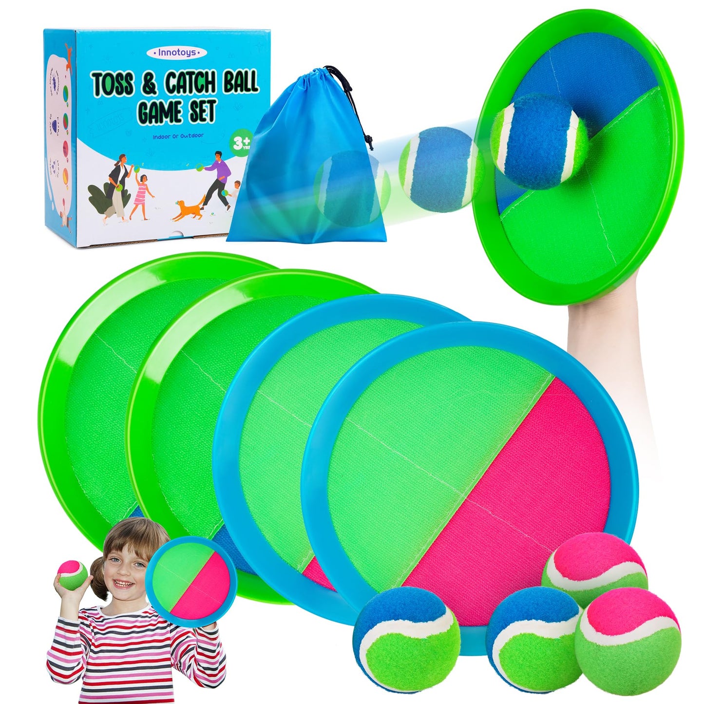 Innotoys Toss and Catch Ball Game Set, 4 Paddles and 4 Balls Outdoor Paddle Catch Game for Kids, Backyard Beach Pool Yard Toy, Summer Birthday Gift for Boys Girls Ages 4-12