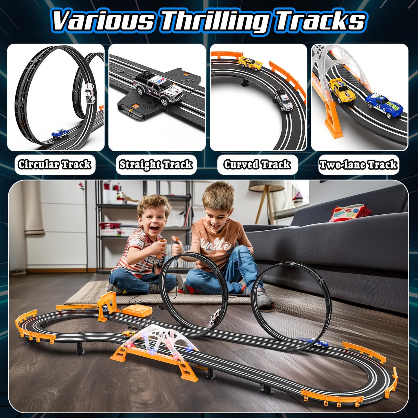 Slot Car Race Track Sets for Boys,Race Car Track with 4 High-Speed Slot Cars,Battery or Electric Car Track,Dual Racing Game Lap Counter Track Sets,Toys Gifts for Boys Girls Ages 4 5 6 7 8-12