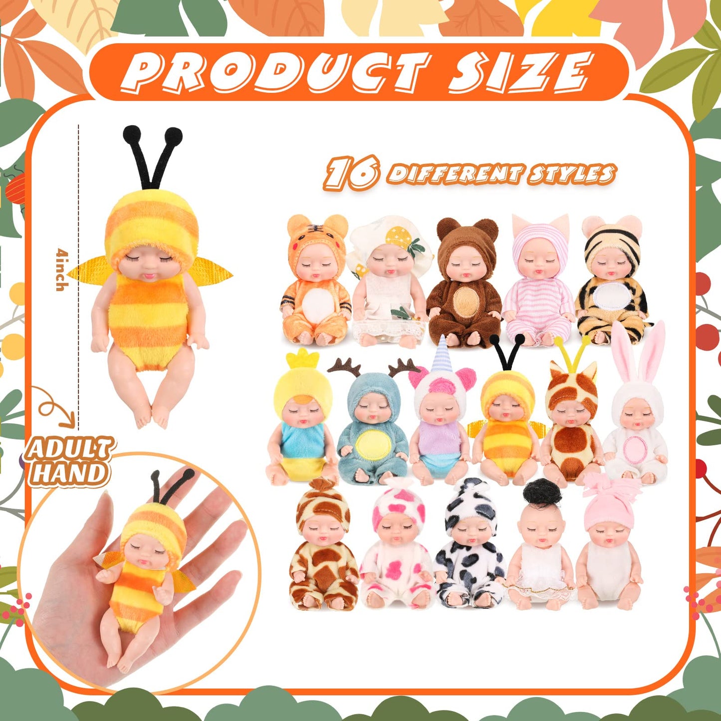 Retrowavy 16 Pcs 4 Inch Mini Reborn Baby Dolls Lifelike Realistic Tiny Baby Doll with Animal Clothes Cute Infant Figurine Gifts Set for Teens Girls Boys Toddlers Kids 3+ Birthday Gifts Big Fillers