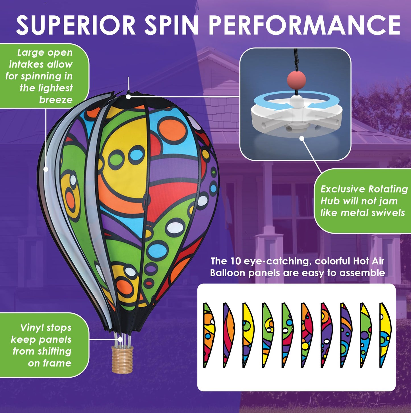 Hot Air Balloon Hanging Garden Spinner 26" - Vibrant Rainbow Orbit Design, Weather-Resistant Outdoor Decor, Durable & Lightweight for Patios, Yards, and Gardens - Eye-Catching Wind Spinner