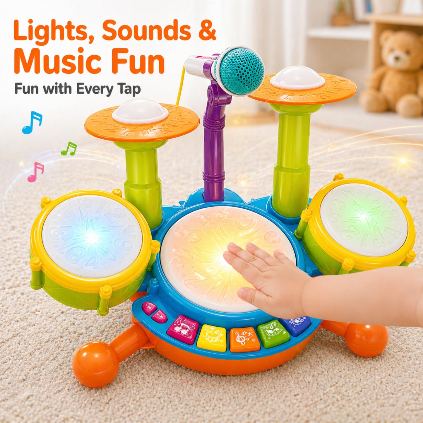 Toddler Drum Set for Toddlers 1-3, Baby Drum Set with Microphone & Lights, Kids Musical Instrument Toy for 1 2 3 Year Old Boys Girls, Birthday Gift, Toddler Music Toy