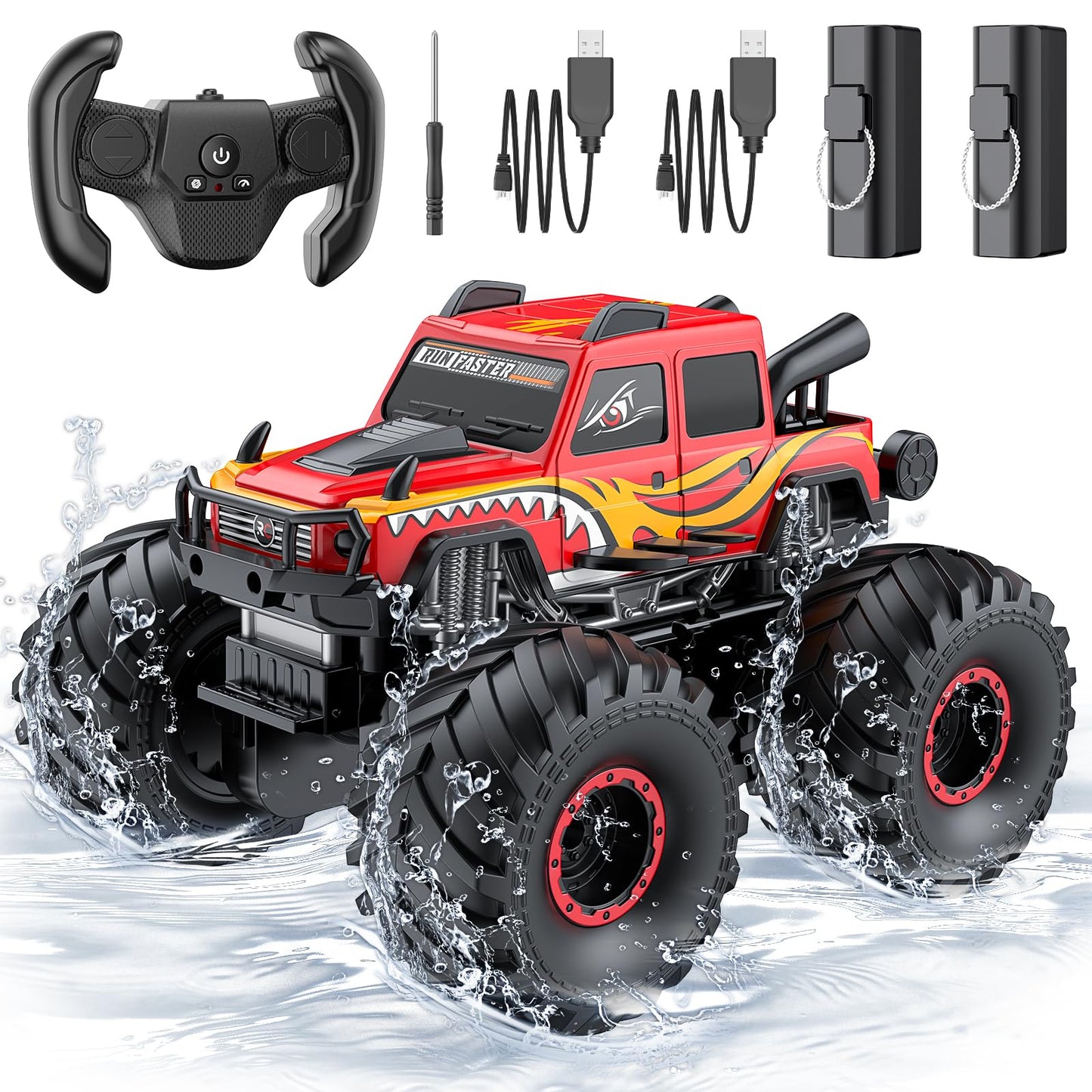 WayEee Remote Control Car Toys for Kids 6+, RC Car Waterproof Monster Truck Toys, Amphibious 4X4 Pickup, All Terrain Off-Road Vehicles, 2.4GHz Remote Control, 1/18 Scale RC Truck Boys Gifts/Red
