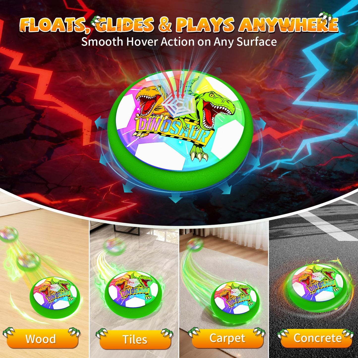Dinosaur Toys for Boys Glowing Hover Soccer Ball,Light Up Hover Ball for 3 4 5 6 7 8 9 10 11 12 year old Boy,Indoor Outdoor Kids Toys,Air Floating Soccer Toy,Fun Christmas Birthday Gift for Boy 3–12
