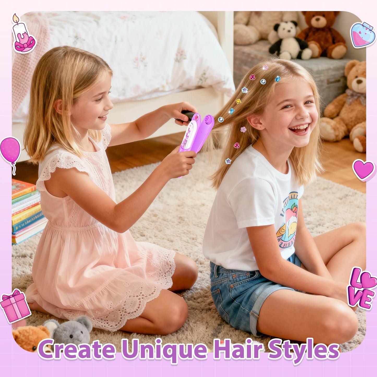Hair Gem Stamper Kit - Bling Hair Jewels for Girls Toys - Hair Accessories with Reusable Shining Diamonds, Birthday Gifts for Girls 3 4 5 6 8-12