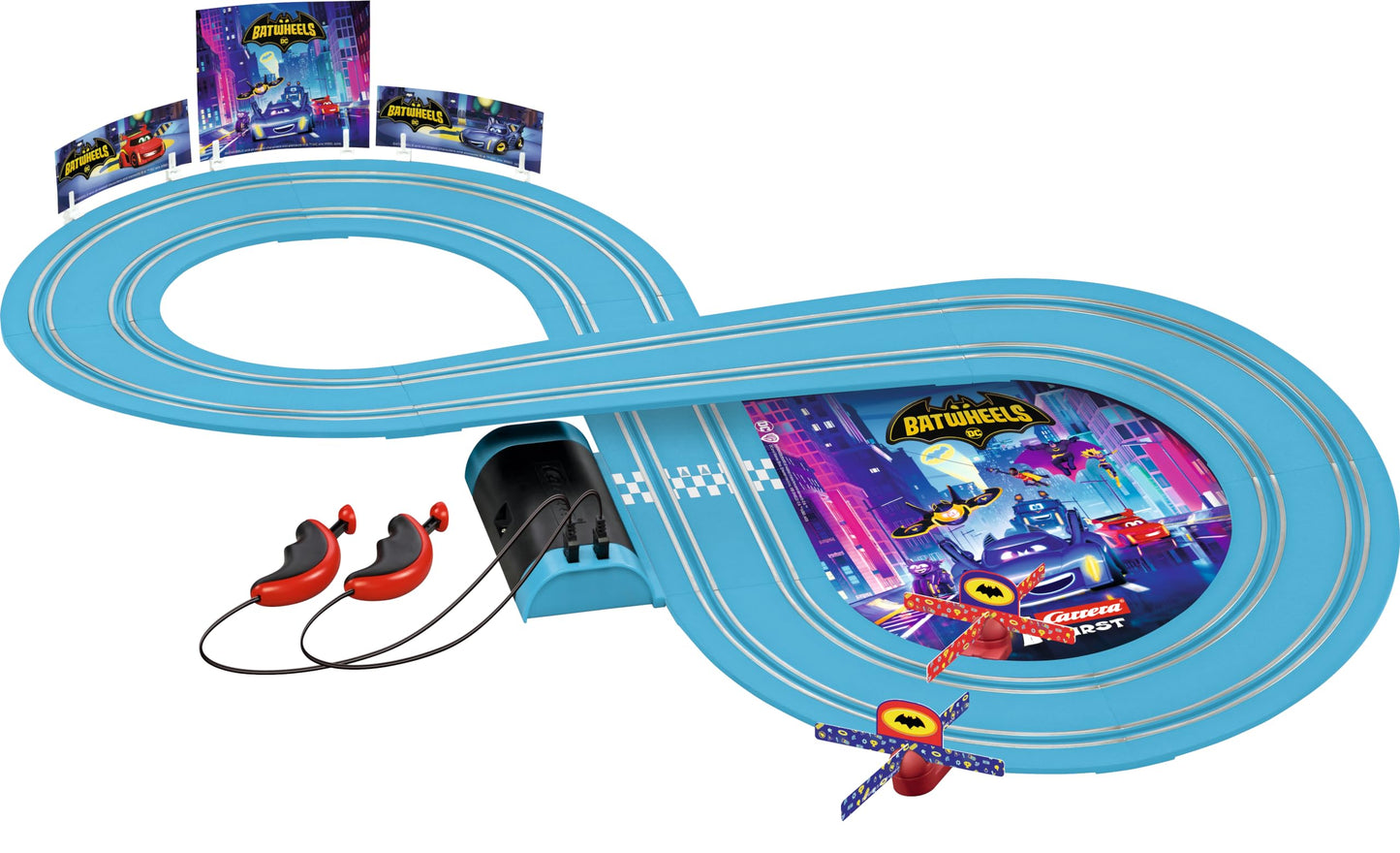 Carrera First Batwheels - Time for Action Slot Car Race Track with Spinners - Includes Bam and Redbird Cars - Battery-Powered Beginner Racing Set for Kids Ages 3 Years and Up