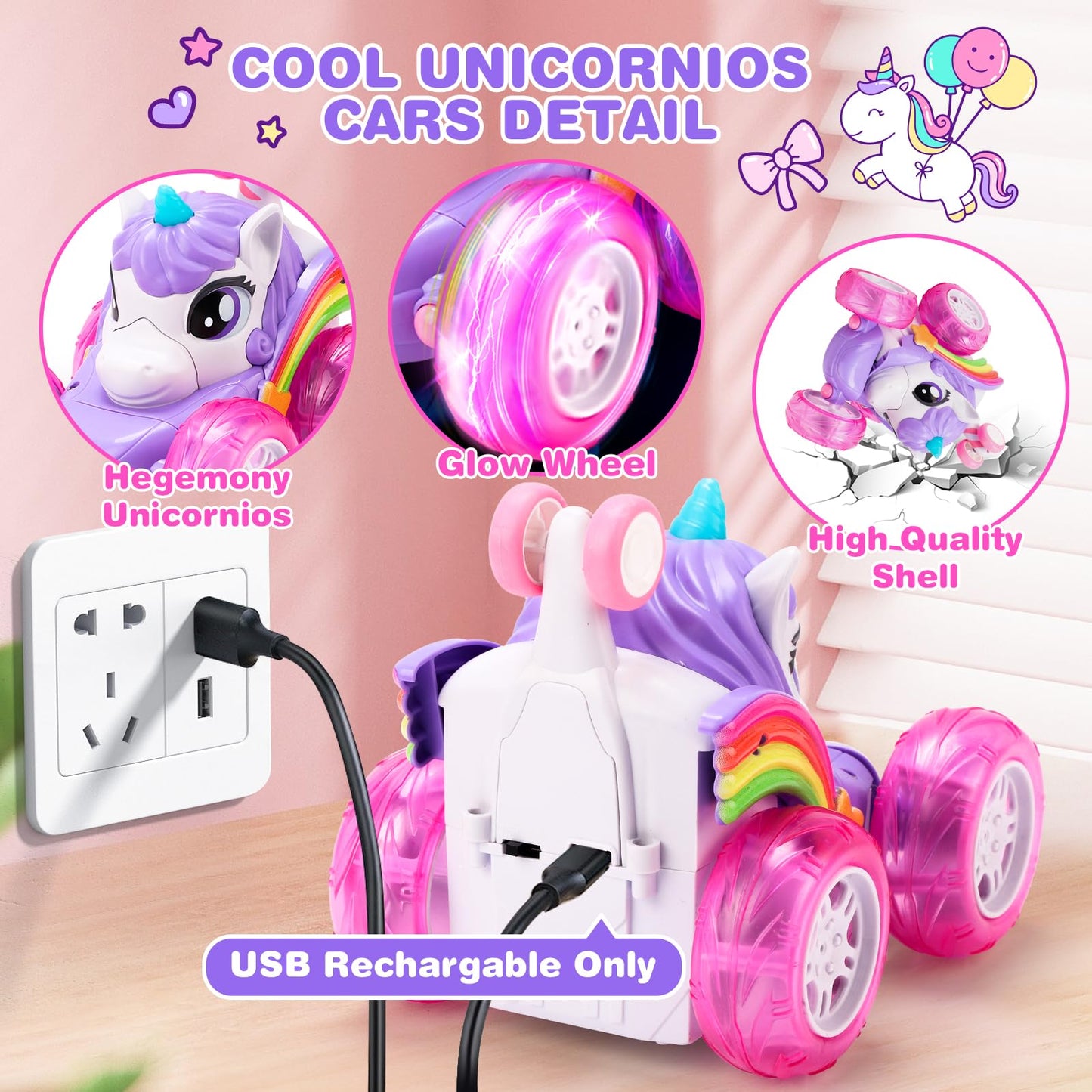 RUIDYA Unicorn Remote Control Car for Girls, 360°Rotating 4WD Stunt RC Cars for Boys with Lights, 2.4GHz Rechargeable Car Toys Gift for Toddler Kid Age 3 4 5 6+