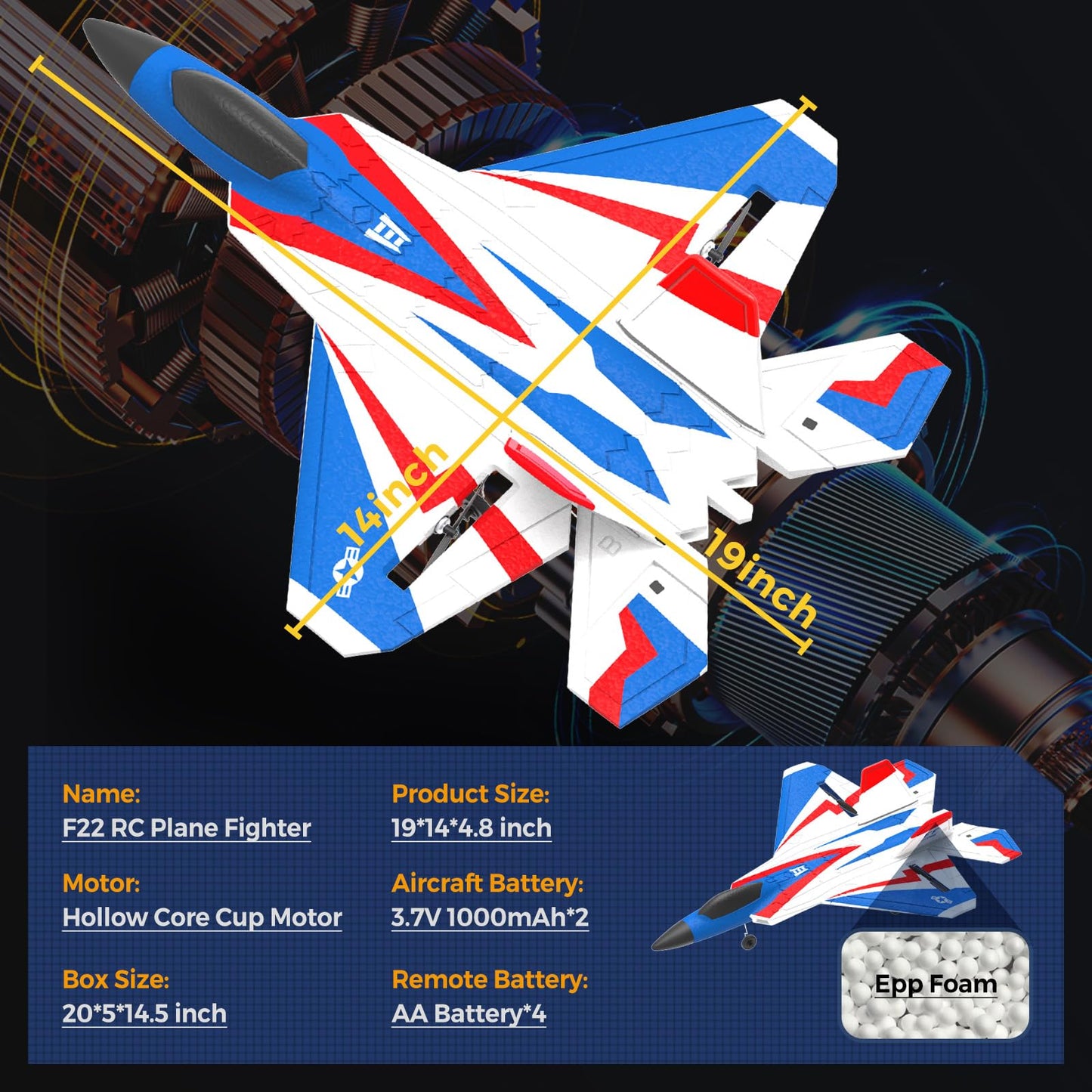 CKYSCHN F22 Remote Control Airplane 4 Channel with Lights | 2.4G Fighter RC Plane with 3 Flight Modes for Beginners - RTF RC Airplane for Adults 37 Minutes Flight Time