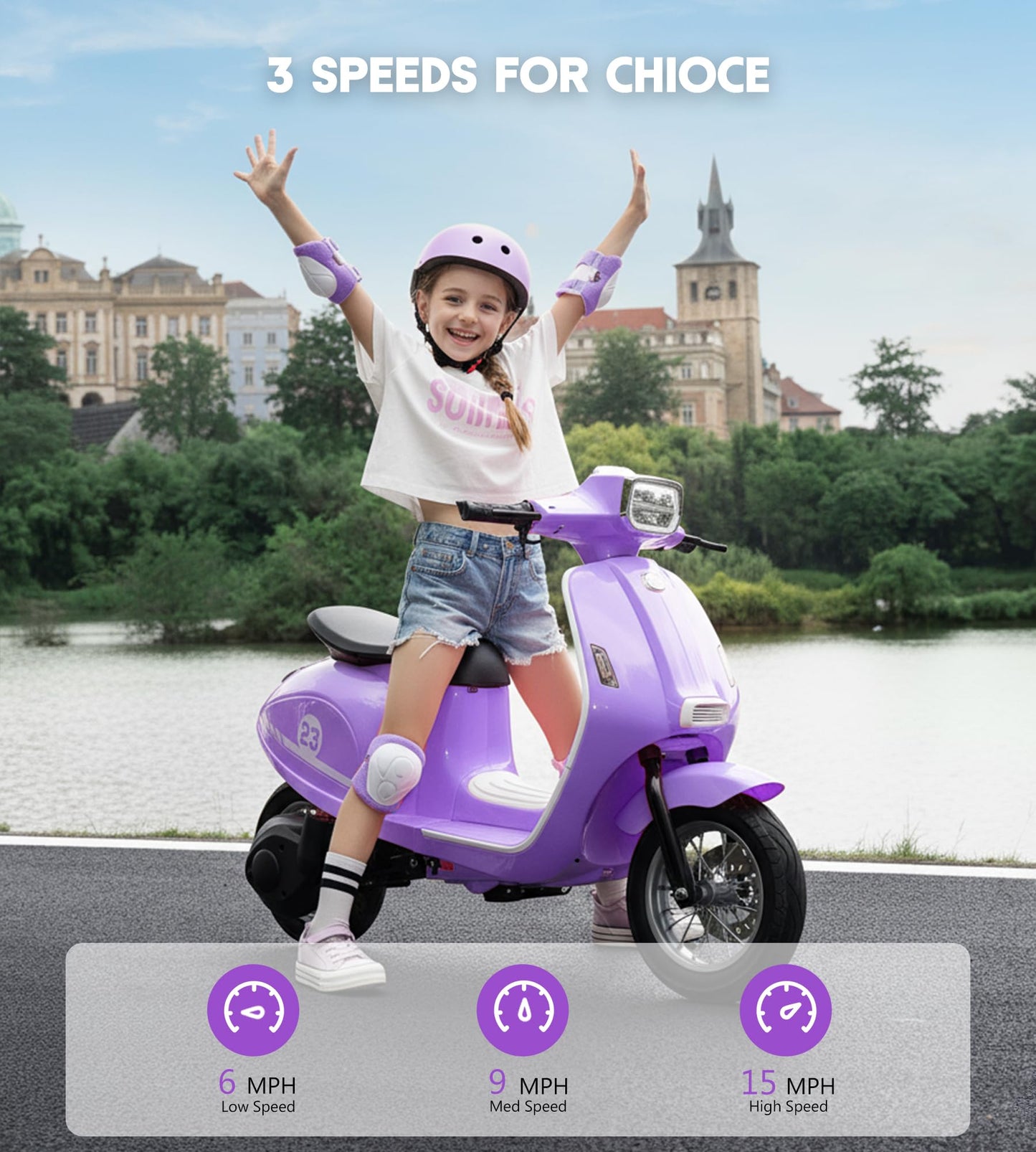 Kids Motorcycle, 2 Wheel Electric Motorcycle for Girls Ages 8-12, 24V Ride on Toys with Music, Story, Headlight, 3 Speed Options, Up to 60min Ride Time, for Riders up to 143 lbs, Easy Assemble, Purple