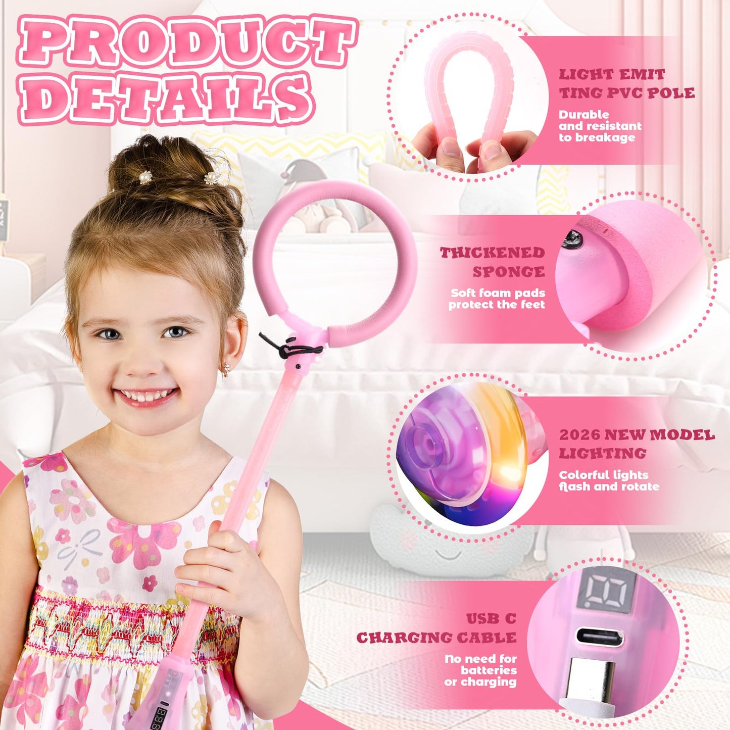 Rechargeable Ankle Skip Ball for Girls, LED Light Up Skip Ball with Counter Timer, Foldable Jumping Toy with Flashing Wheel, Outdoor Birthday Gifts for Kids Age 6-10 (Pink, Illumination + Counter)
