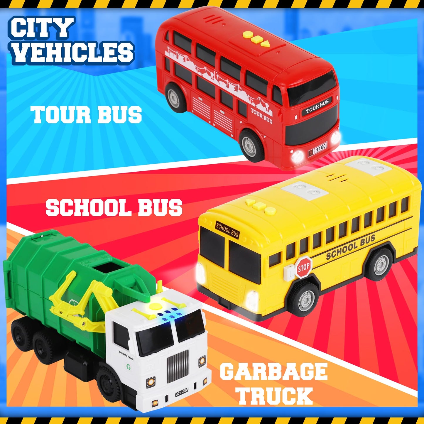 Playkidiz Toy Cars for Toddlers - 6Pcs Pull Back Cars Toys with Light and Sounds, City and emergency vehicles set, Including Police Car, Fire Truck, Ambulance, School bus, Tour Bus, Garbage Truck