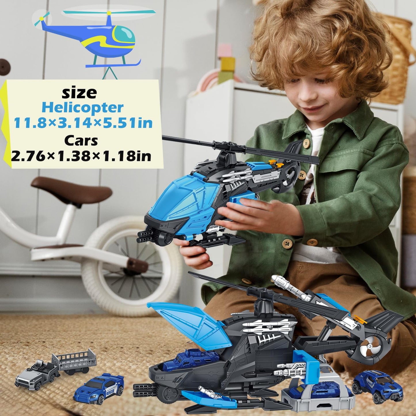 Frontoytall Police Rescue Helicopter Toy Set for Kids 3-8, Transport Cargo Helicopter with 3 Police Cars & Truck, Rotating Blades, Storage Cabin, STEM Learning Toys Gift for Boys Girls