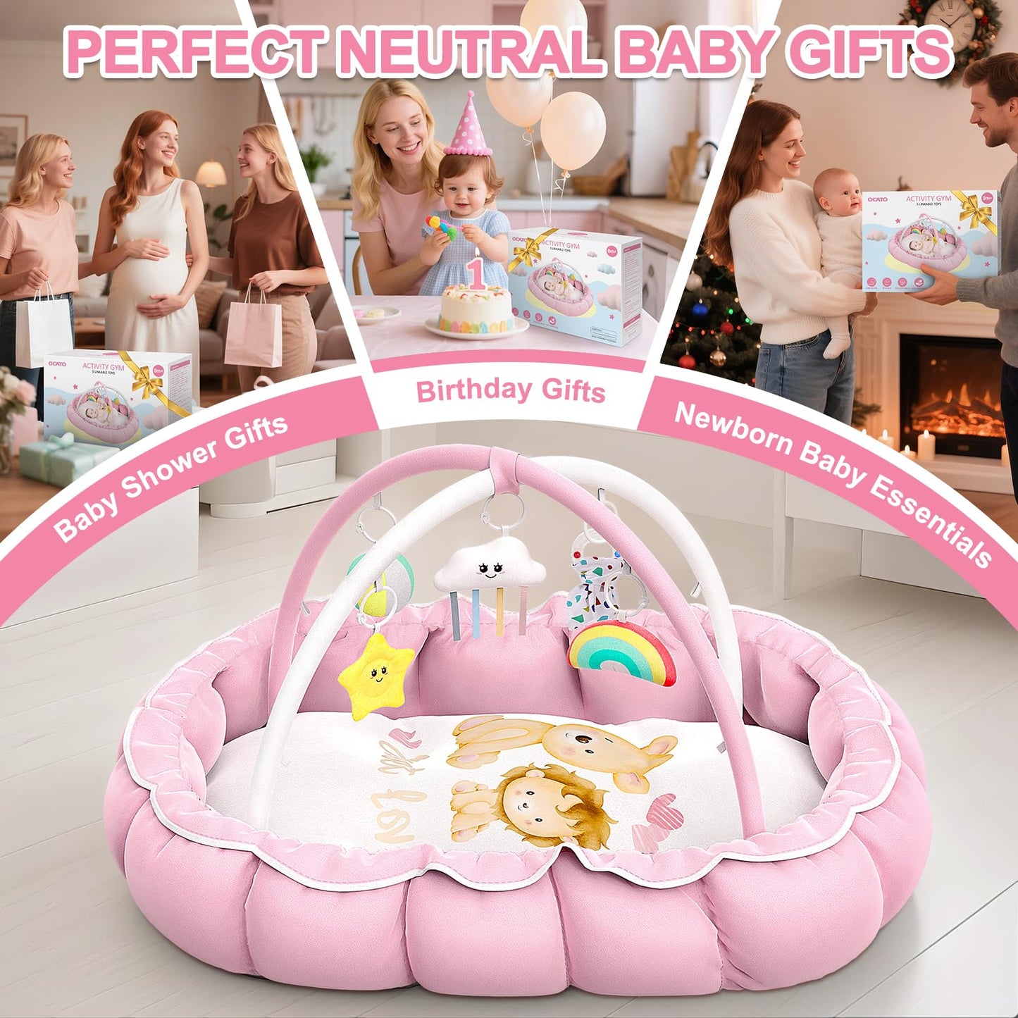 OCATO Baby Play Mat Gym: Baby Girl Gifts Tummy Time Mat Baby Play Gym Thick Large Baby Activity Center from Baby to Toddler Skills Development Baby Essentials Baby Shower Gifts Ball Pit Cat Dog Bed