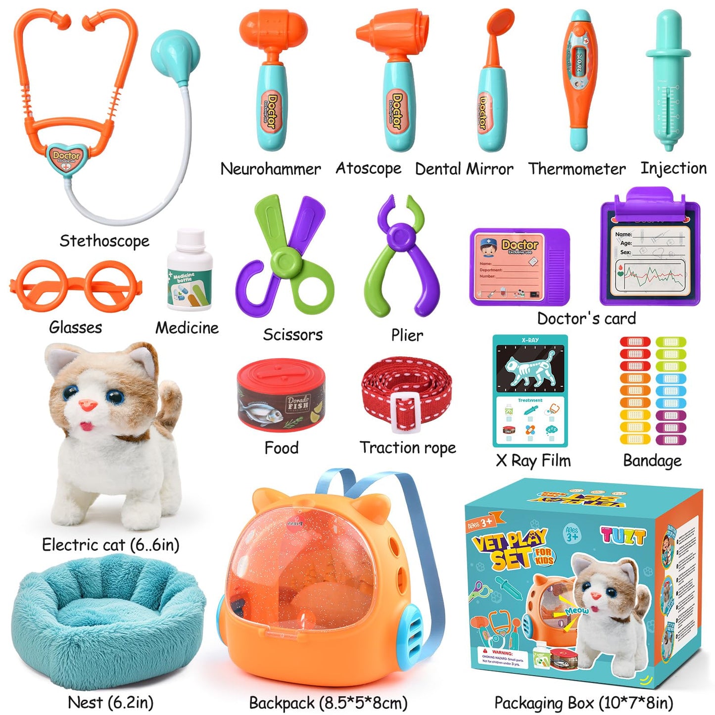 TUZT 17PCS Interactive Cat Toys for Kids, Toys for 3 4 5 6 7 8 Year Old Girls Kids Boys, Walking & Meowing Cat Toy with Sound, Veterinarian Playset for Toddlers, Idea Birthday Gifts for Little Girls