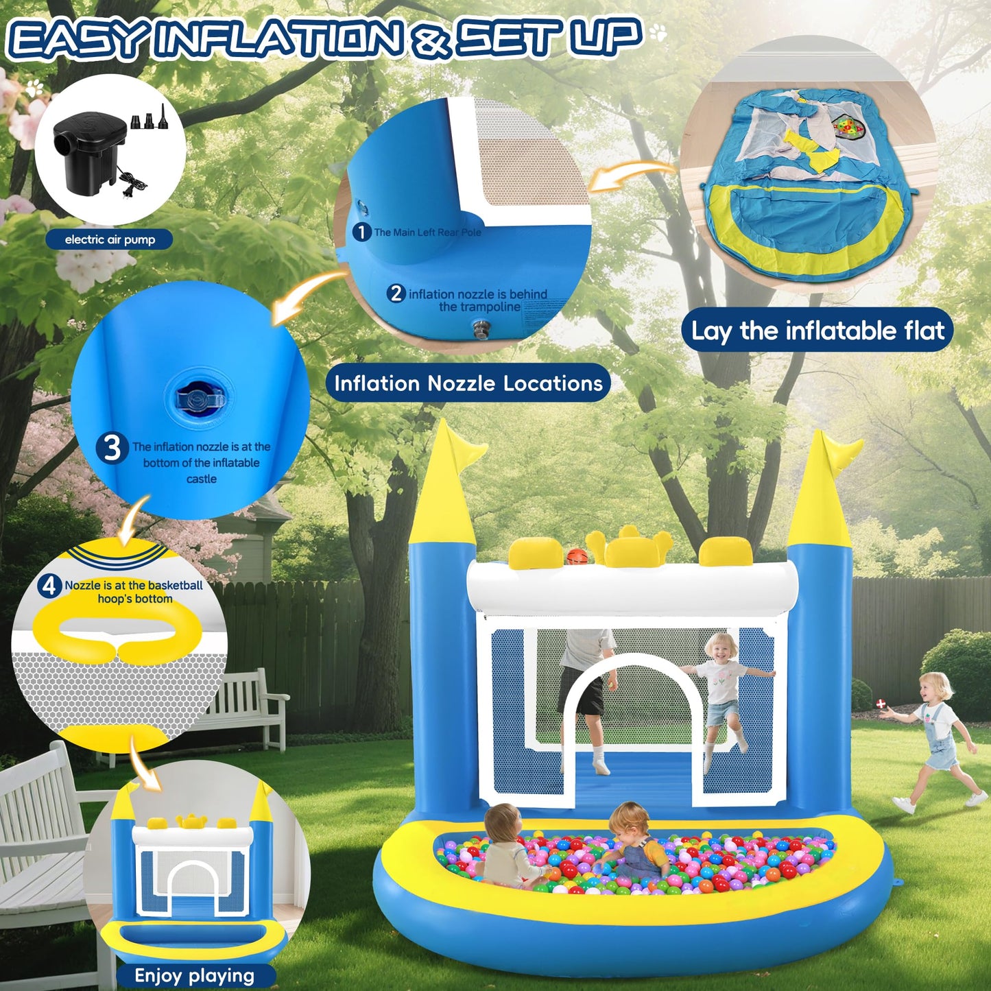 Ytonisld Mini Inflatable Bounce House with Ball Pit, 5 in 1 PVC Kids Bouncy Castle with Electric Air Pump, Small Crown Jump House for Kids Ages 3-8, Toddlers Playhouse Bouncer, Indoor/Outdoor