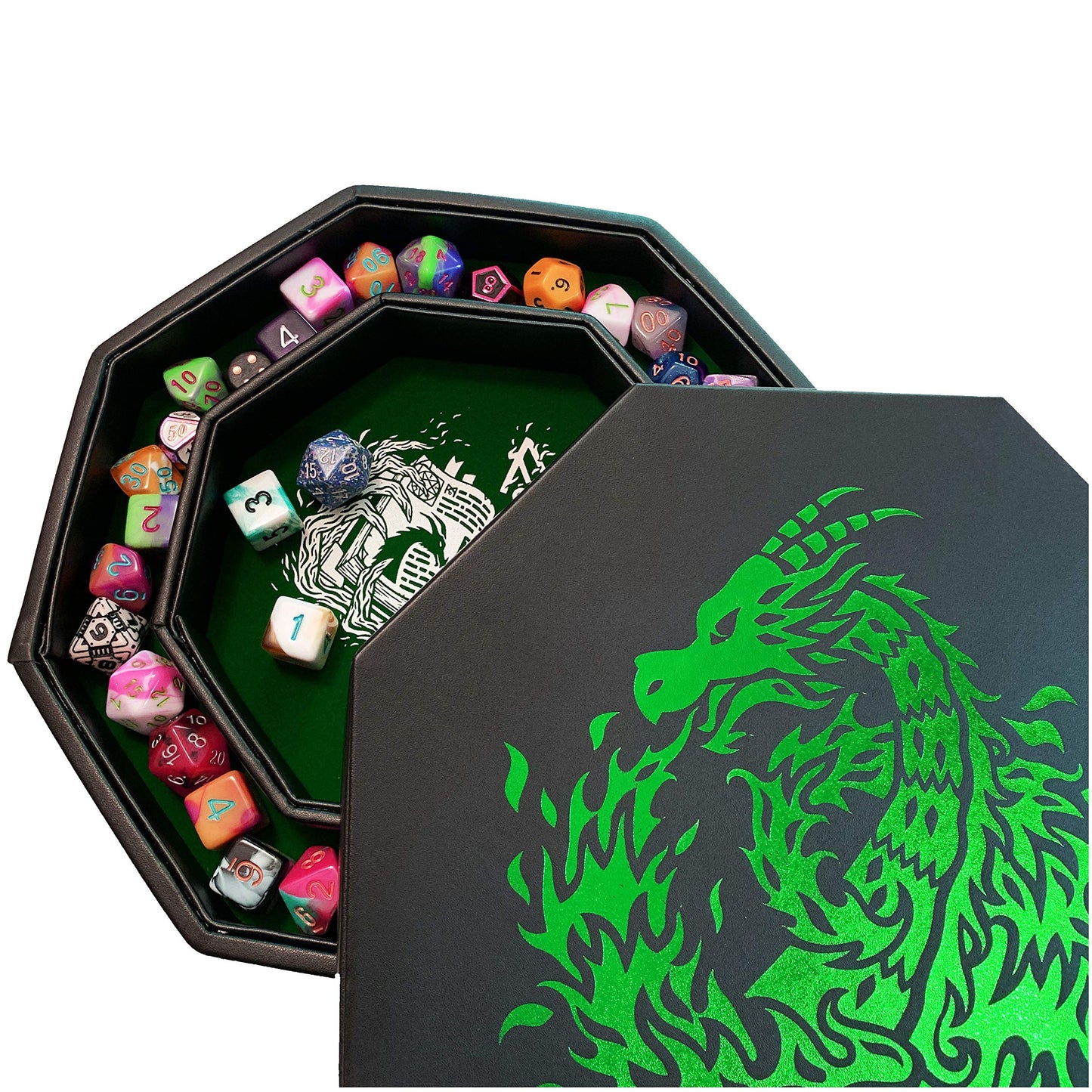 Fantasydice Green Fire Dragon Dice Tray with Wizard Book Print – 9" Octagon with Dice Staging Area, Holds 5 Dice Sets – Ideal for Tabletop RPGs and Board Games