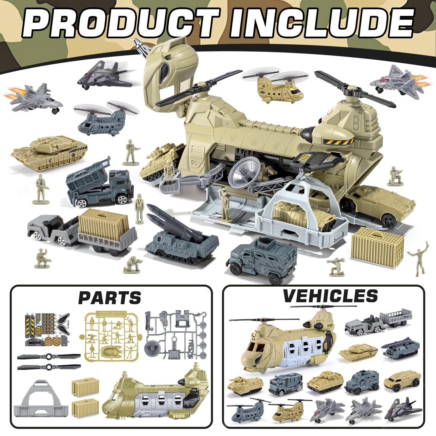 XDUOYJOY Military Helicopter Toys Set, Army Airplane Toys with Vehicles, Trucks, Tanks, Fighter Jets, Plane, Aircraft, Army Men - Christmas Birthday Party Gifts for Kids