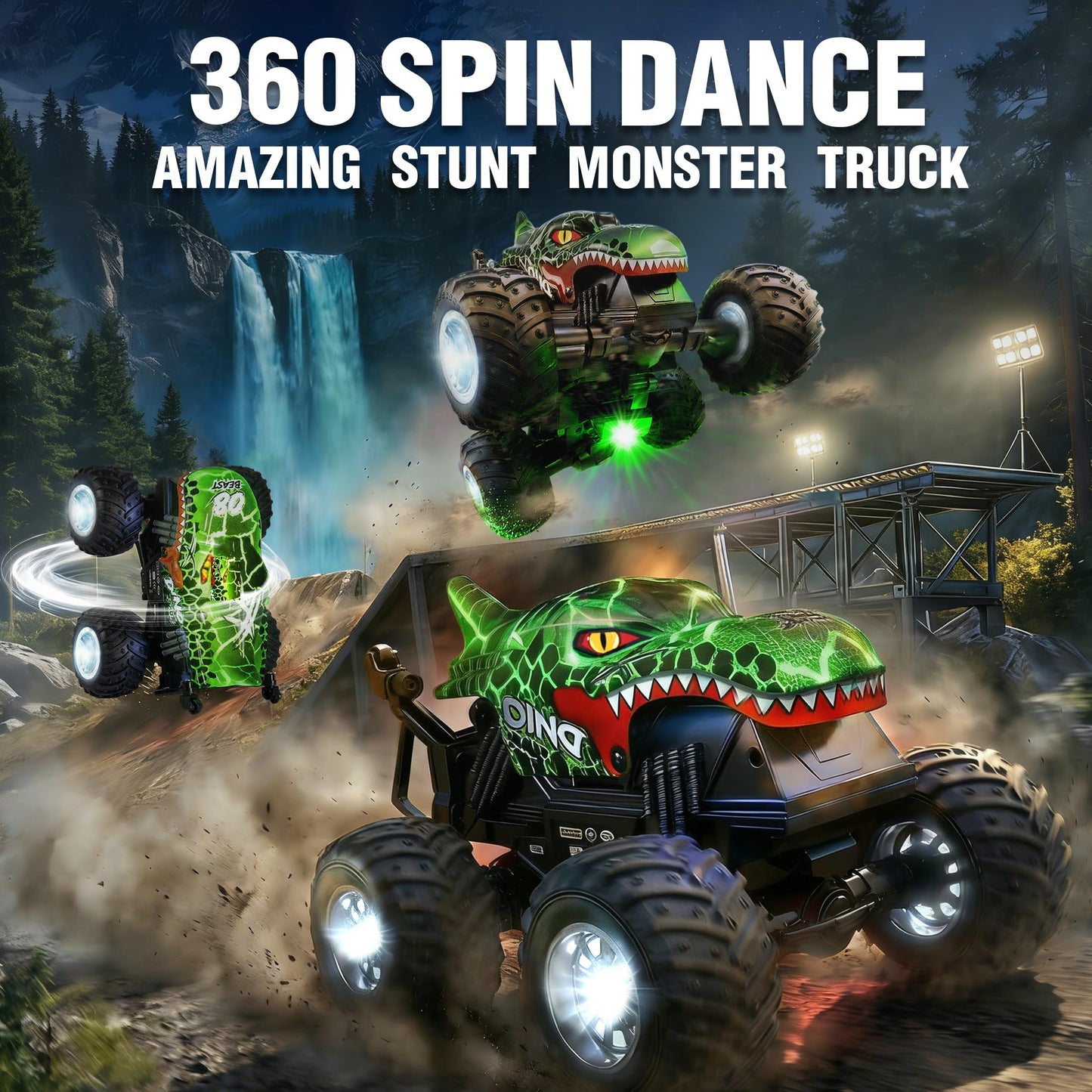 BEZGAR 1:20 Monster Truck Toys, 360°Stunt RC Cars Rotation Dinosaur Toys with Music, 2 Batteries and Wireless LED Strobe Lights, Remote Control Car for Boys 4 5 6 7 8 9 Years Old(Green)