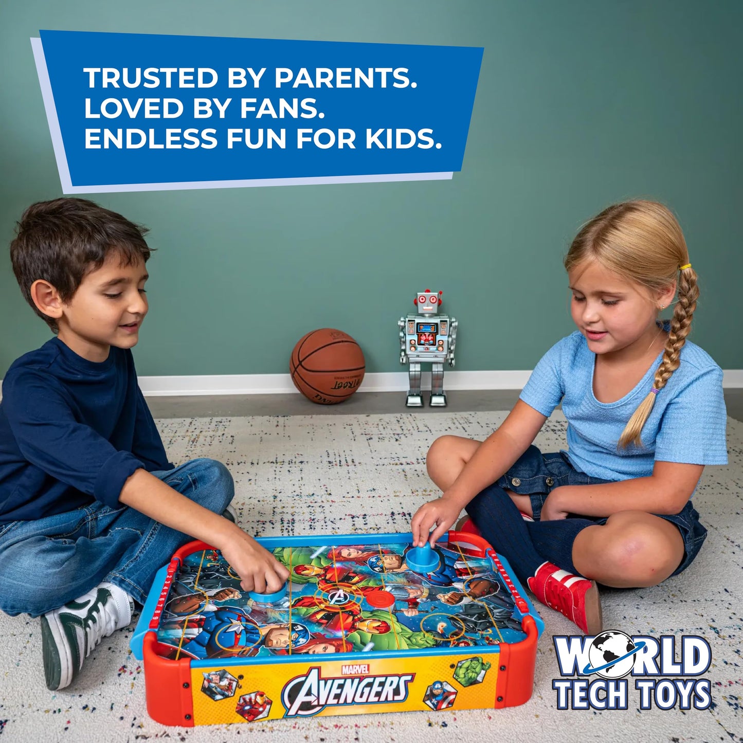 Marvel Avengers Air Hockey Table for Kids - Wooden Tabletop Game with Puck, Pushers & Air Flow System - Marvel Licensed - Kids 4+