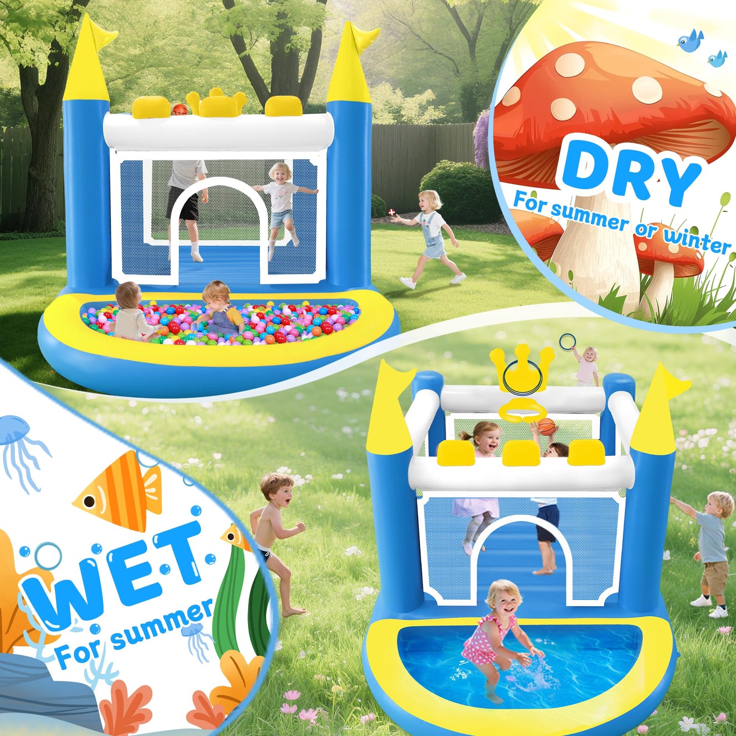 Ytonisld Mini Inflatable Bounce House with Ball Pit, 5 in 1 PVC Kids Bouncy Castle with Electric Air Pump, Small Crown Jump House for Kids Ages 3-8, Toddlers Playhouse Bouncer, Indoor/Outdoor