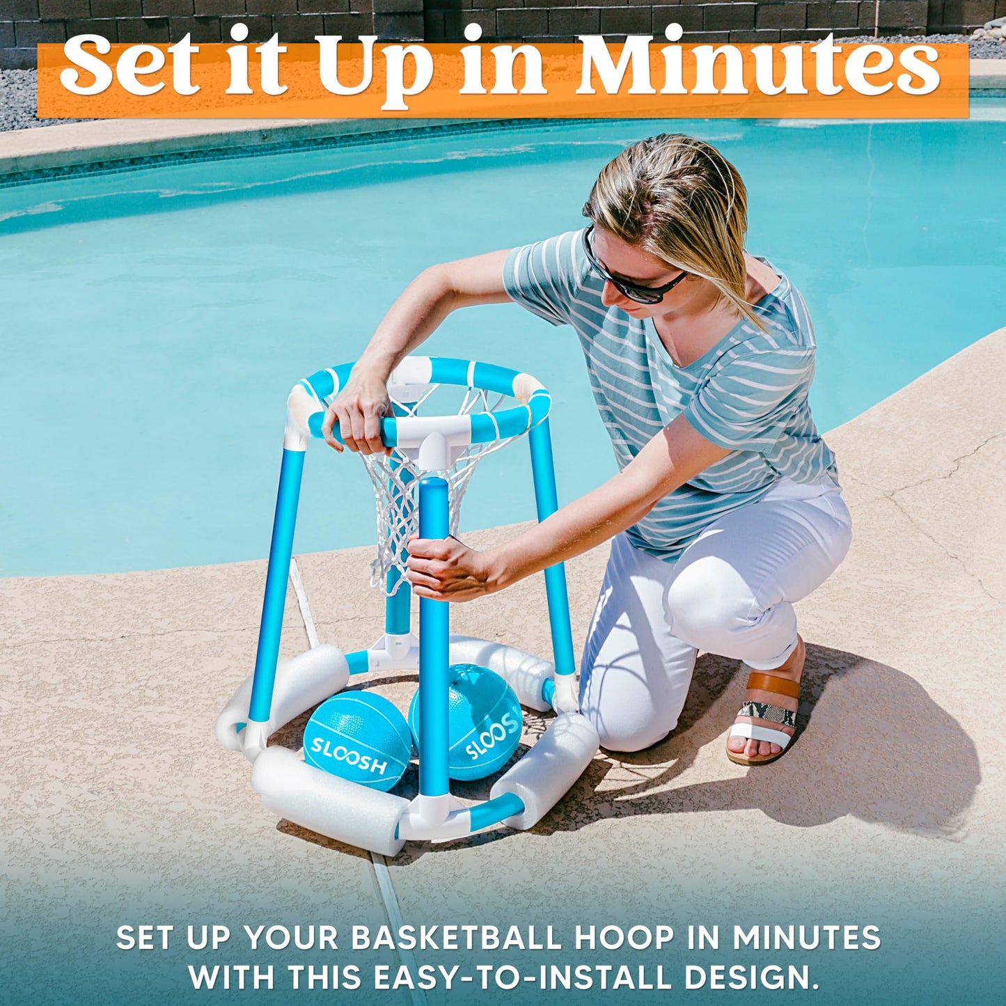 Sloosh Pool Basketball Hoop Set, Floating Basketball Pool Game, Swimming Floats Toys with Balls Pump, Summer Outdoor Water Play Toy for Kids and Adults (Blue)