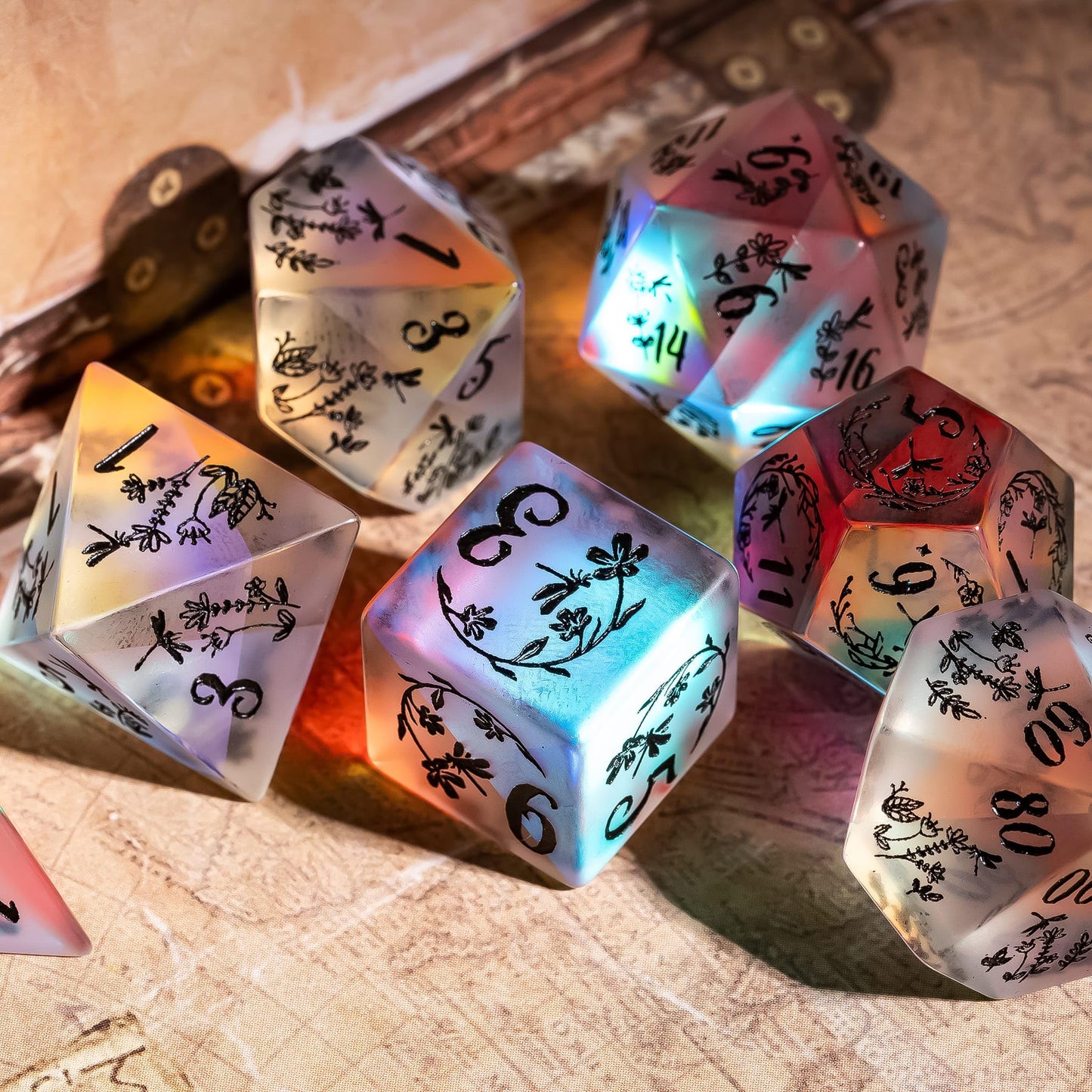 UDIXI Frosted Prism Glass Dice Set D&D RPG Dice Set with Leather Gift Box for Role Playing Games(Dragonfly and Flower)