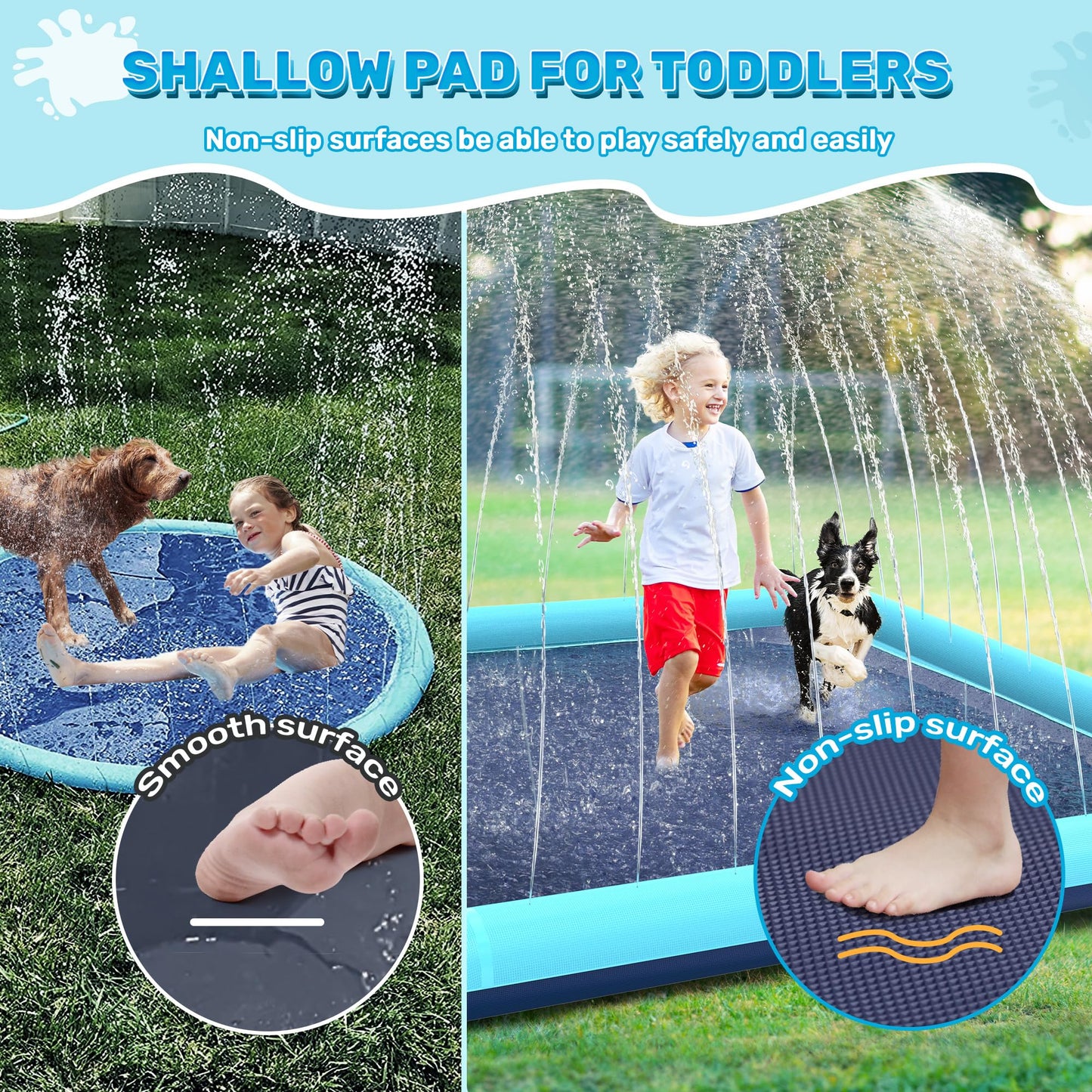 Bilibara 127'' Splash Pad for Dogs, Non-Slip Sprinkler for Kids, Square Splash Pad for Kids Ages 4-8, Splash Pads for Toddlers 1-3, Dog Sprinkler Shallow Pool, Outdoor Water Toys for Backyard, Teal