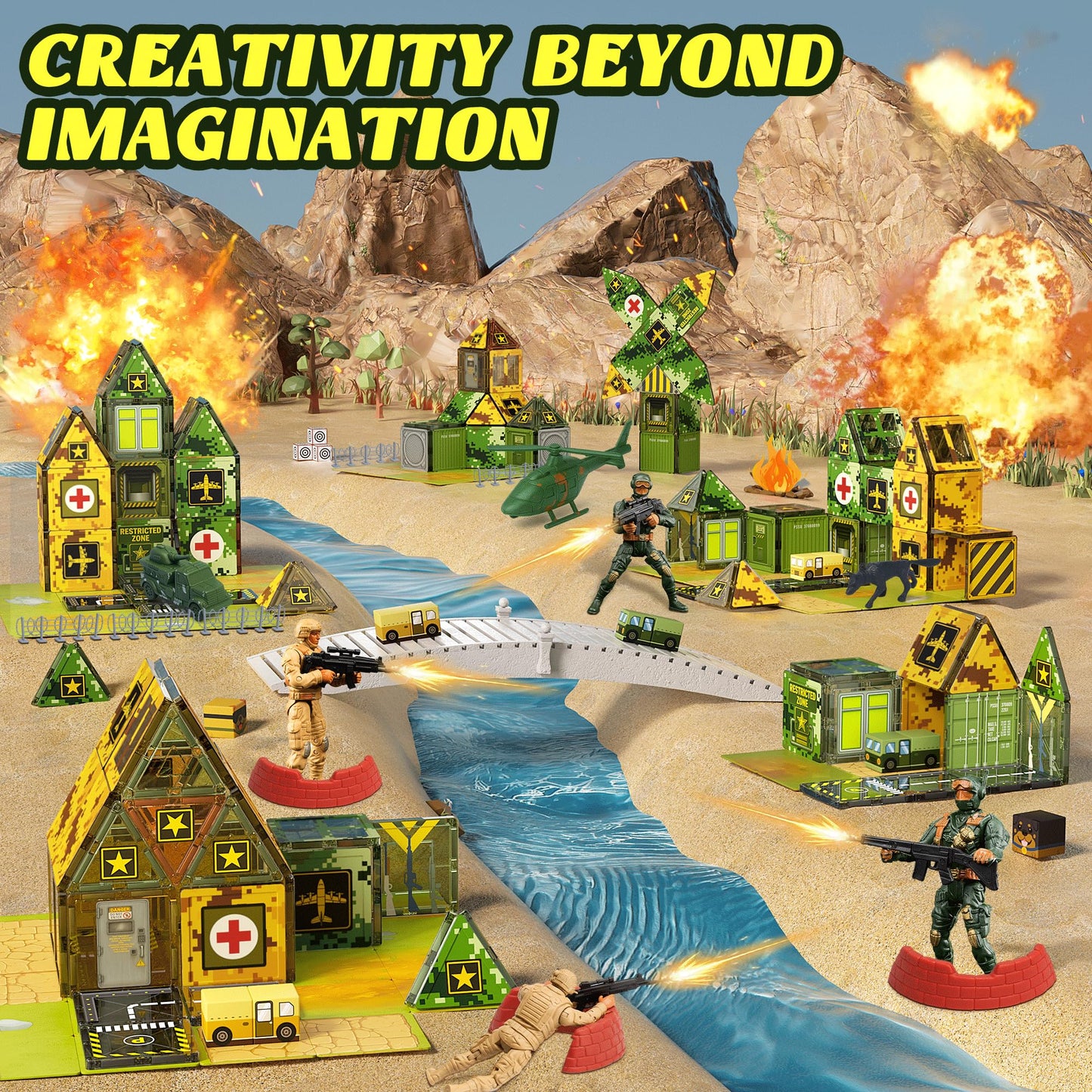 Magnetic Tiles Road Building Toys Set with Magnetic Blocks and Army Toys Accessories, Military Magnetic Blocks for Kids Ages 3-5 4-8, STEM Educational Sensory Magnet Toys Birthday Gifts for Boys Girls