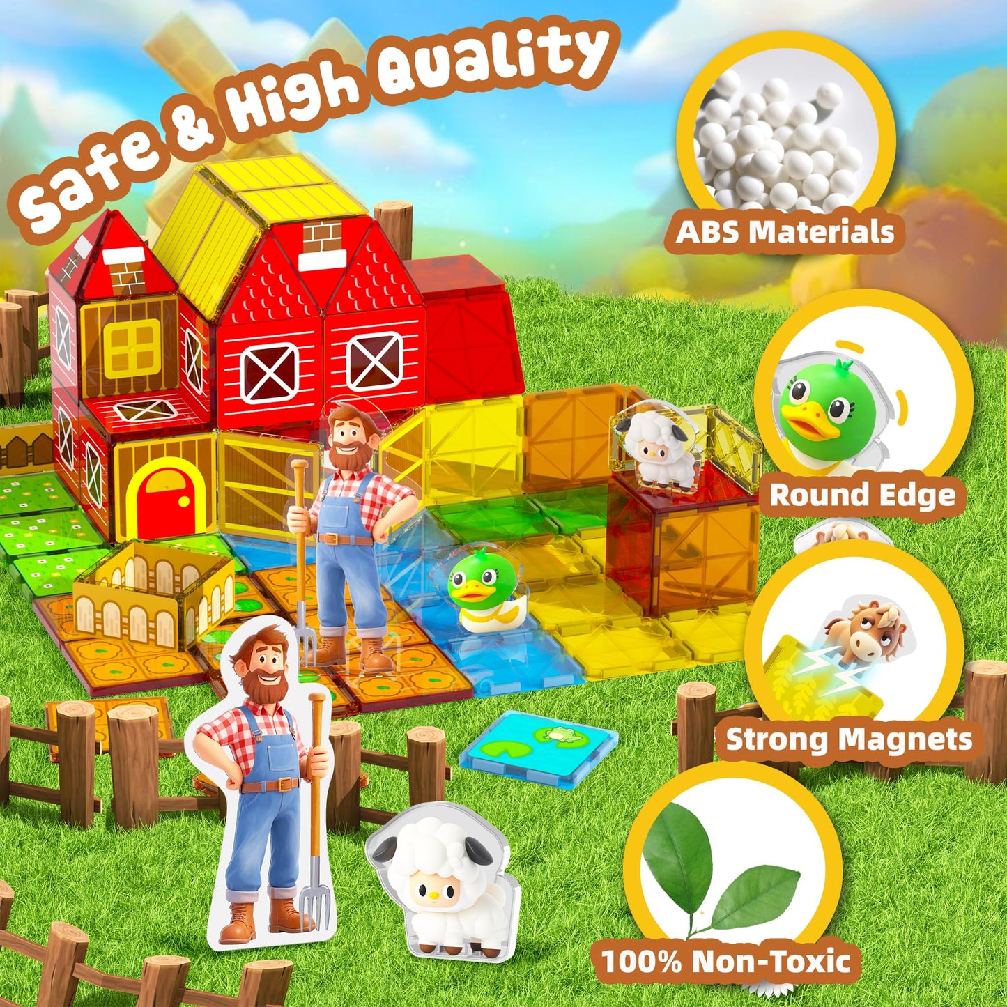 GobiDex Magnetic Tiles with Farm Animals Building Blocks, STEM Sensory Toys for Indoor, Outdoor, and Travel Play, Educational Magnet Toy Gift for Preschool Kids Ages 3-5, 4-8