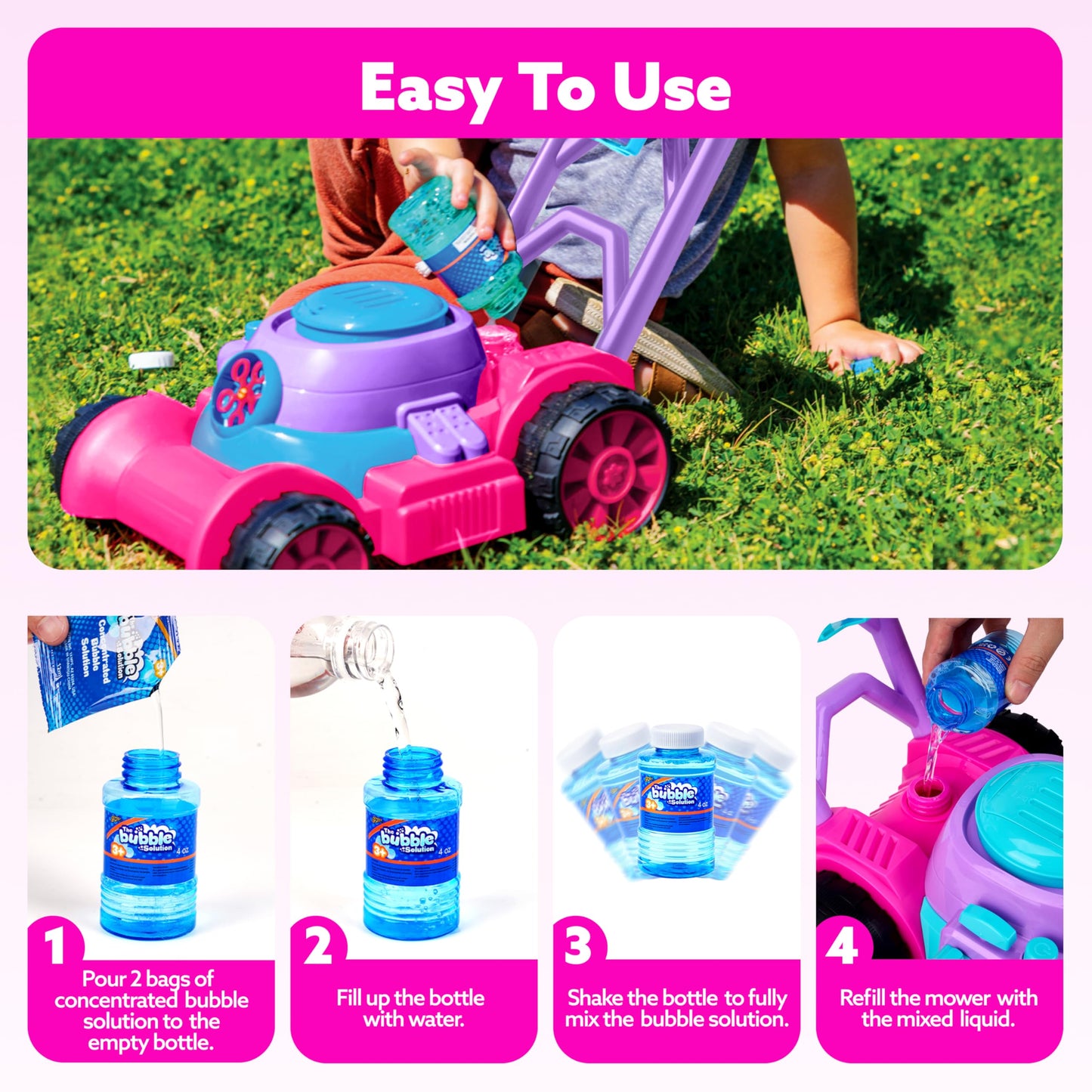 SLOOSH Bubble Lawn Mower Toddler Toys - Spill-Proof Bubble Machine Pretend Gardening Toy for Age 1 2 3 1-3 Year Old Toddler Indoor Outdoor Use, Baby Girl Push Toys Easter Birthday Gift (Pink)