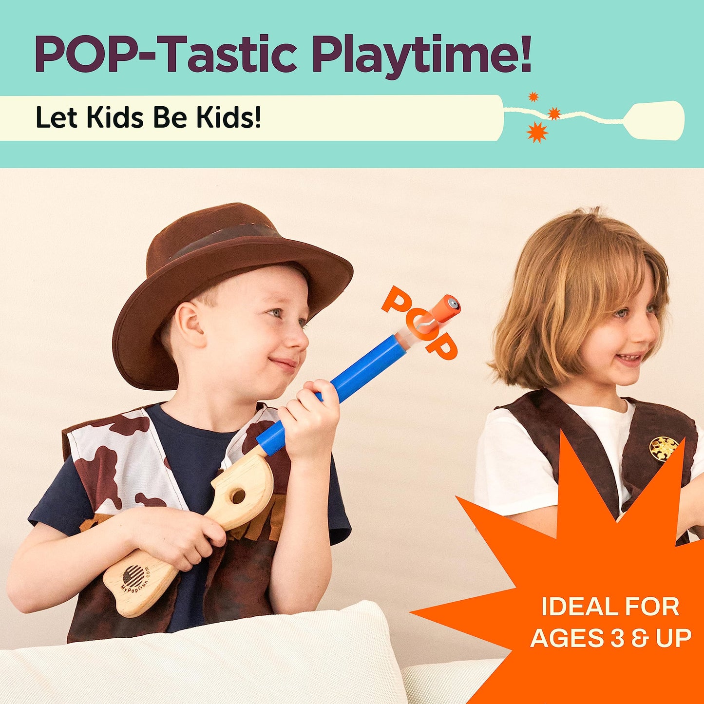 Blue Toy Pop Gun for Kids-Wooden Toy Guns for Boys 3-12 Yrs-Fake Handgun with Sturdy Wood Finish & Durable Silicone Stopper-Fun Hand Rifles & Pistol Toys for Small & Big Kid Play-Made in The USA