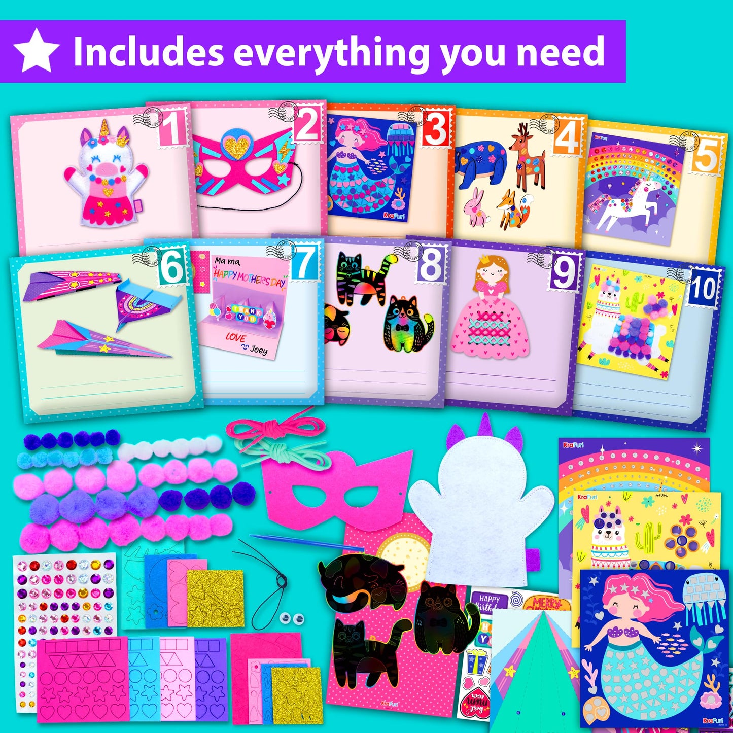KRAFUN My First Craft Workshop Art and Craft Kit for Kids - Projects in 10 Envelopes, Unicorn, Mermaid, Princess & Llama Crafts, Creative Educational Activities Girls Toddlers Ages 3 4 5+