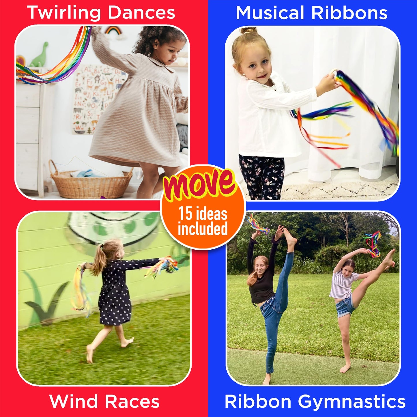 Covelico Rainbow Hand Ribbon Kite, 2 x Montessori Inspired Ribbon Toy, Each Wooden Rings with 7 Bright Rainbow Streamers, Waldorf Sensory String Toys for Kids & Gymnastics Dance Ribbons for Toddlers