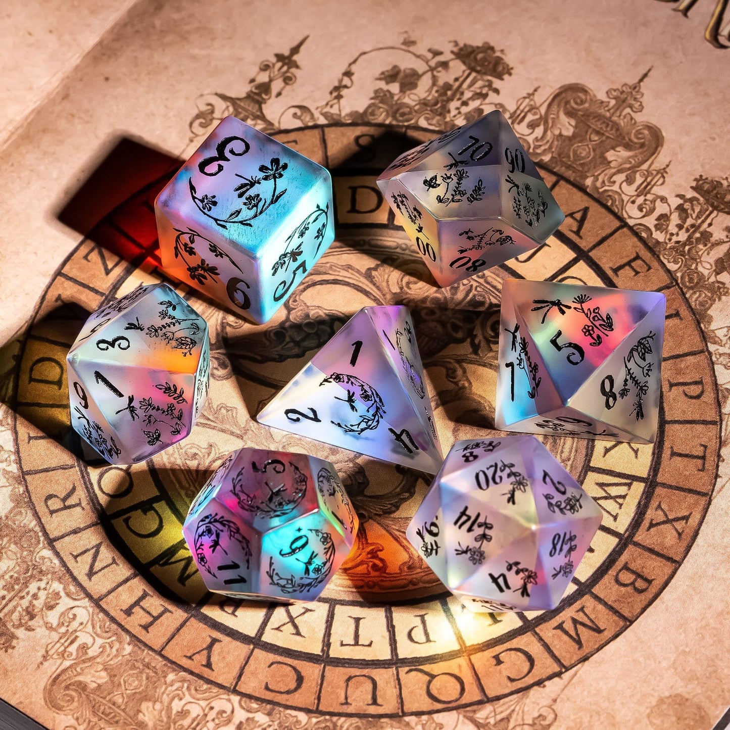 UDIXI Frosted Prism Glass Dice Set D&D RPG Dice Set with Leather Gift Box for Role Playing Games(Dragonfly and Flower)