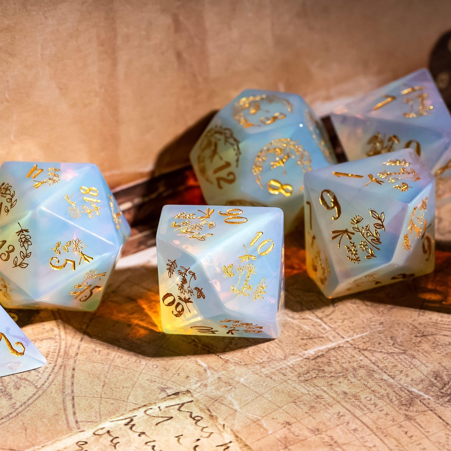 UDIXI Opal Stone DND Dice Set, 7PCS Gemstone Dice Set D&D with Gift Case for Role Playing Games and Tabletop Games (Dragonfly and Flower)