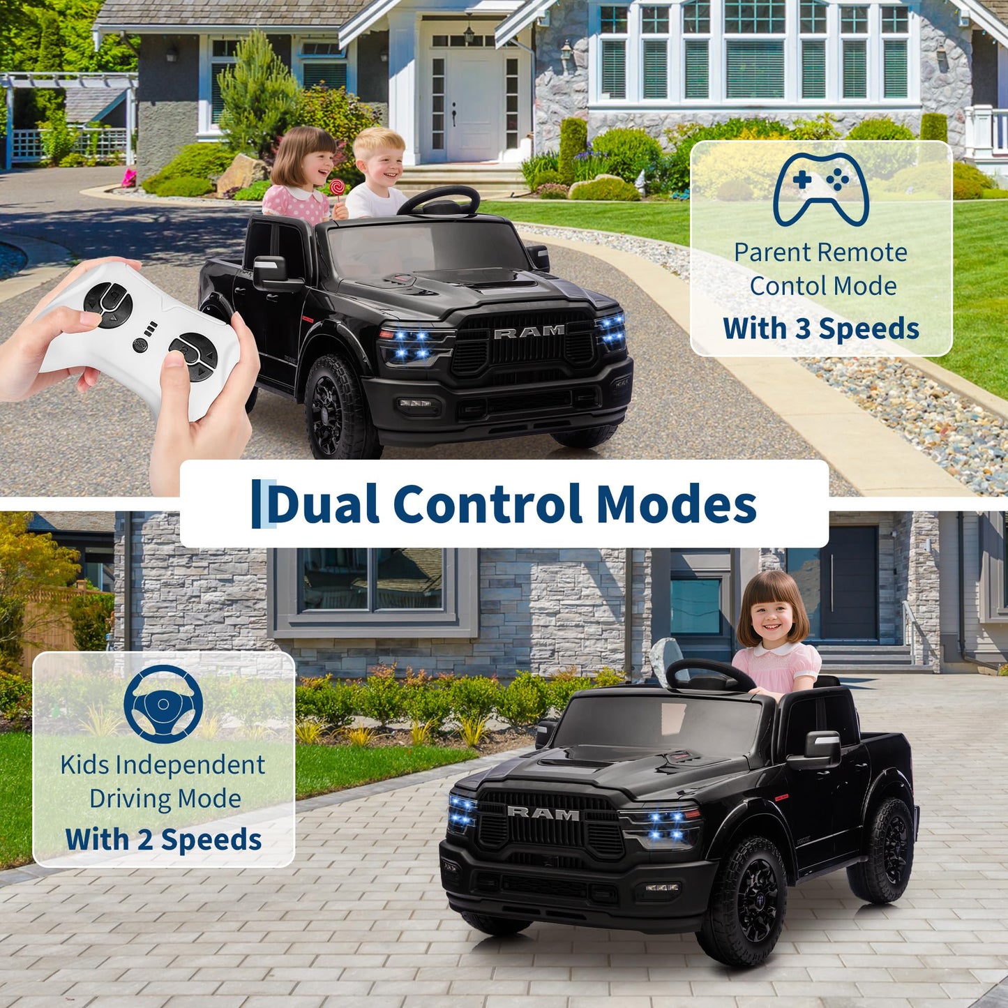 24V Ride on Car for Big Kids Licensed RAM 2500, 24v Ride on Truck w/Remote Control, Toddler Ride on Toys w/Bluetooth, Spacious Truck Bed, 3 Speed, LED Lights, Suspension, Gifts for Boys Girls, Black