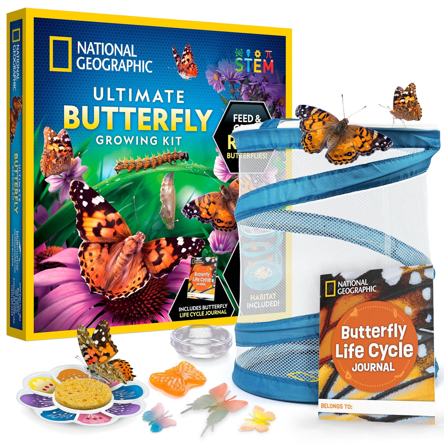 National Geographic Ultimate Butterfly Growing Kit – Butterfly Habitat Kit with Voucher to Redeem 5 Caterpillars (S&H Not Included), Glow-in-The-Dark Figures, Hands-On Activity, Outdoor Toys