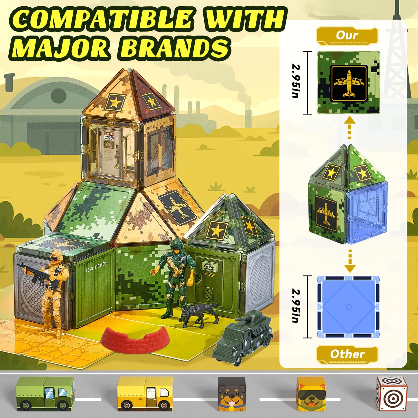 Magnetic Tiles Road Building Toys Set with Magnetic Blocks and Army Toys Accessories, Military Magnetic Blocks for Kids Ages 3-5 4-8, STEM Educational Sensory Magnet Toys Birthday Gifts for Boys Girls
