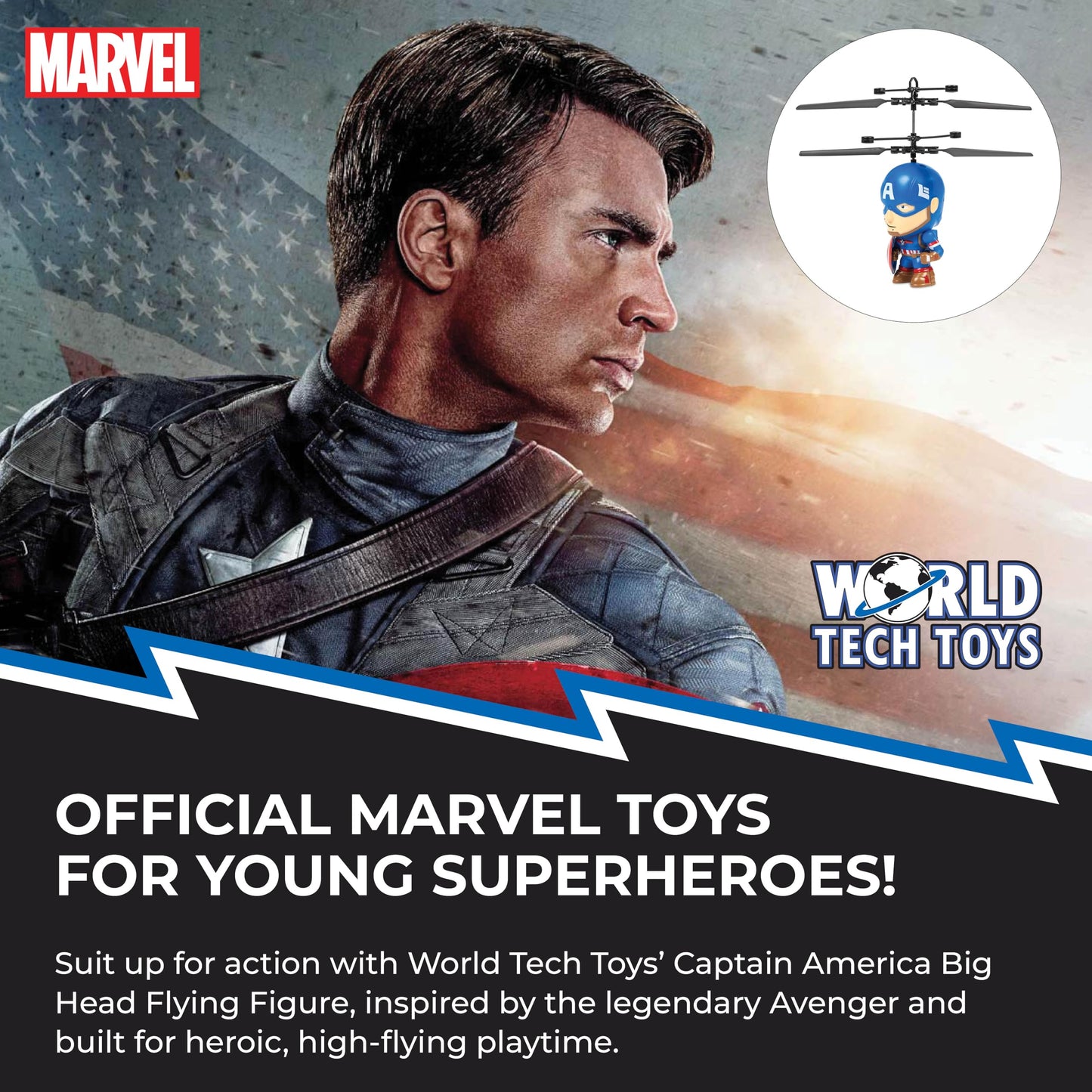 World Tech Toys Marvel Captain America Big Head Helicopter Toy – Motion Sensored Flying Toy for Kids - Marvel Licensed - Kids 6+