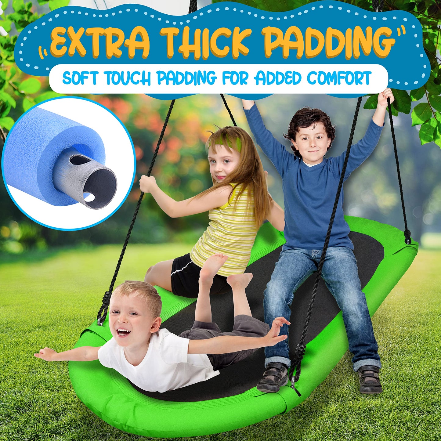SereneLife Outdoor Spinner Saucer Tree Swing-Hanging Tree Oval Shaped Flying Saucer w/Rope Straps,Cushion Padded Metal Frame,Polyester Fabric Seat,for Kids & Adult-SereneLife SLSOVSWNG55GR (Green)