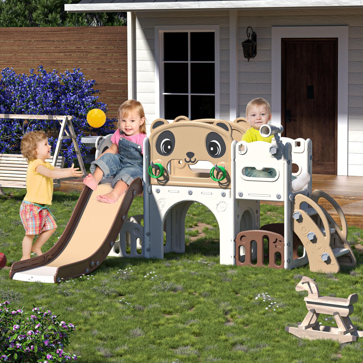 NYEEKOY 9 in 1 Toddler Slide and Climber Playset Indoor Outdoor Kids Slide with Basketball Hoop,Telescope and Storage Space, Freestanding Backyard Playground for Children Age 1-6
